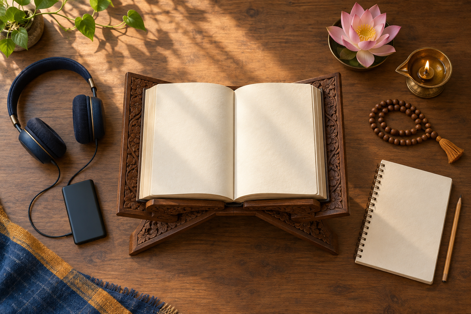 An open sacred book, headphones, blank notebook, pencil, prayer beads and oil lamp are arranged on a wooden study table.