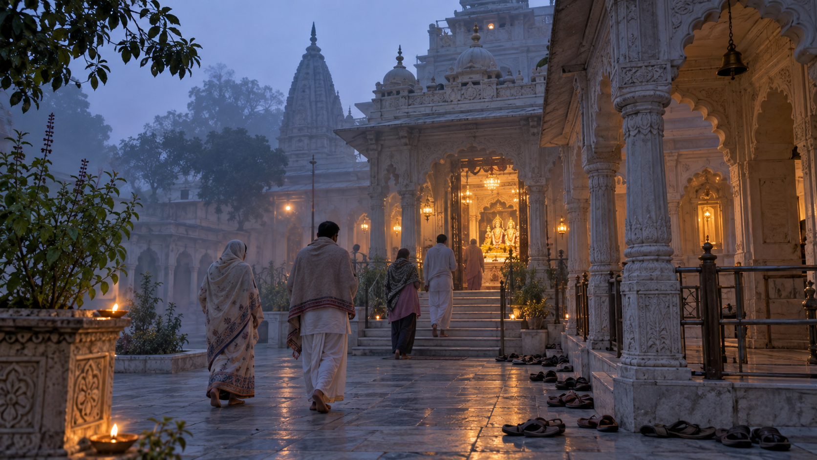 Pilgrims enter a lamp-lit Vrindavan temple courtyard before sunrise beneath carved stone arches.