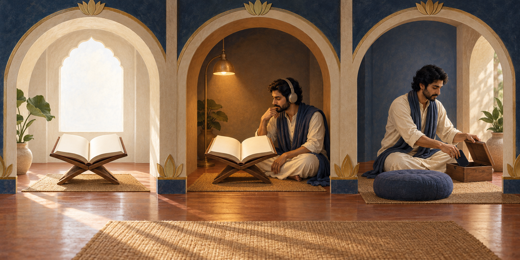 Three arched spaces show an open sacred book, a person listening thoughtfully and the person putting away a phone before meditation.