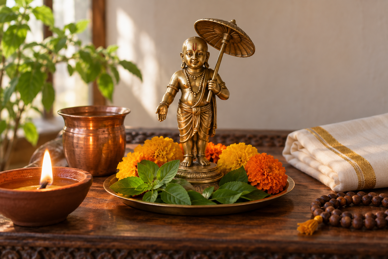 A home altar with a small brass figure of Lord Vamana, flowers, tulasi leaves, an oil lamp, a copper cup, and japa beads.
