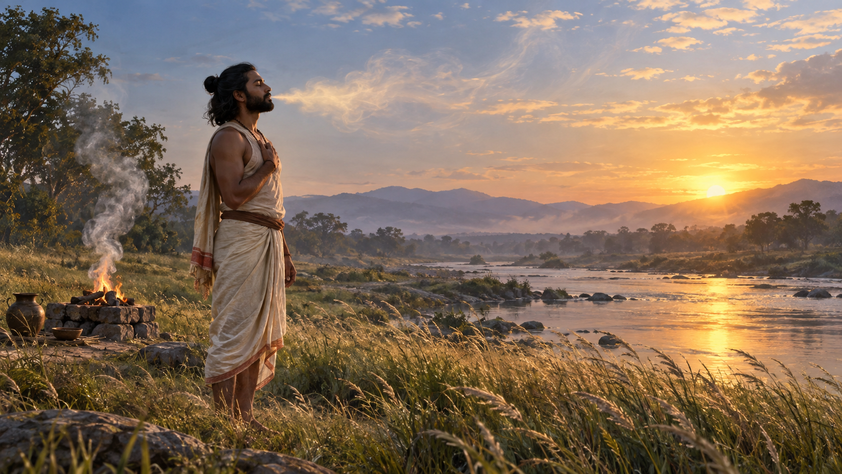 A person stands beside a river at dawn as their breath blends visually with wind, fire smoke, and golden light.