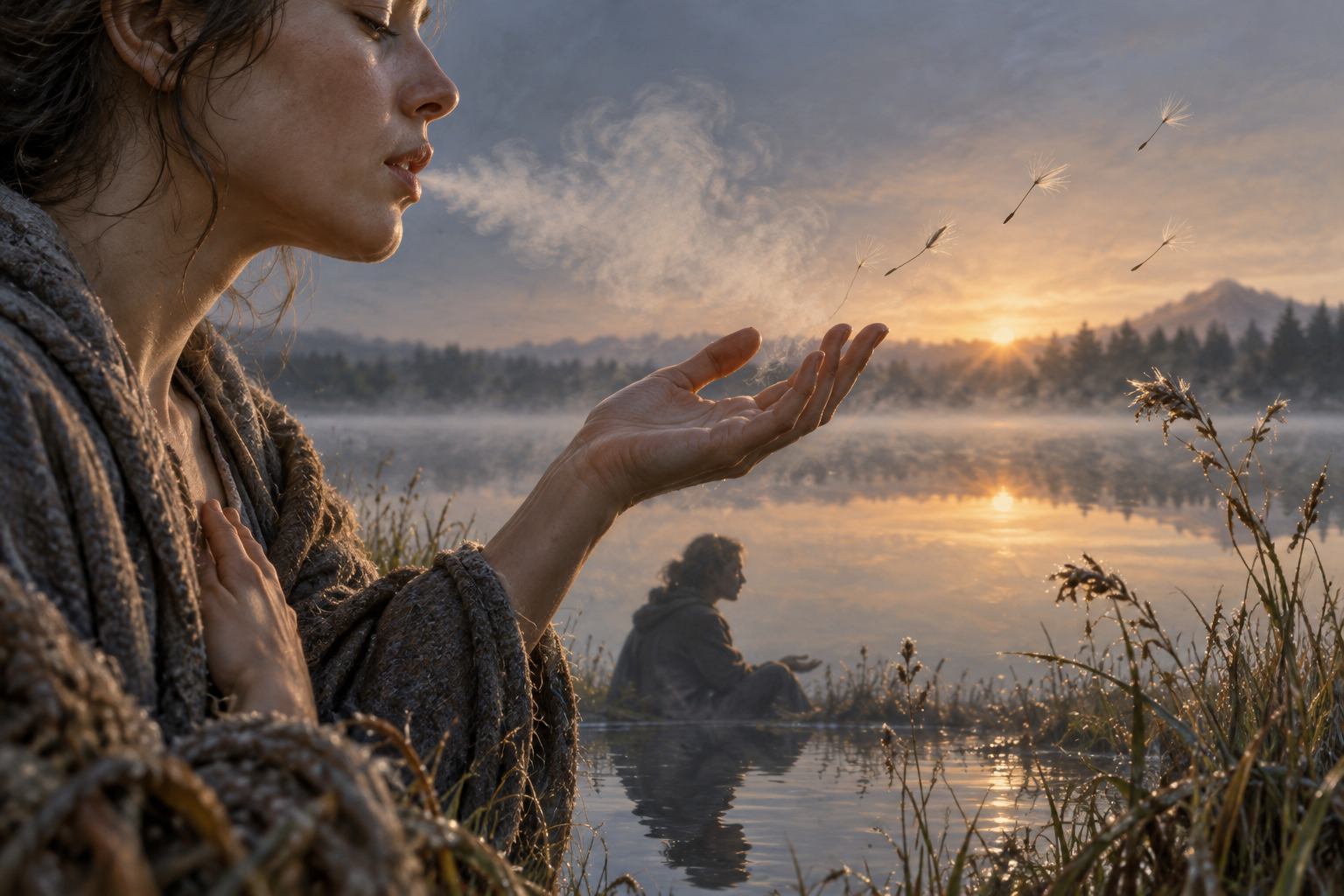 A person's visible breath flows past their chest and hand while their whole figure is reflected in calm water.