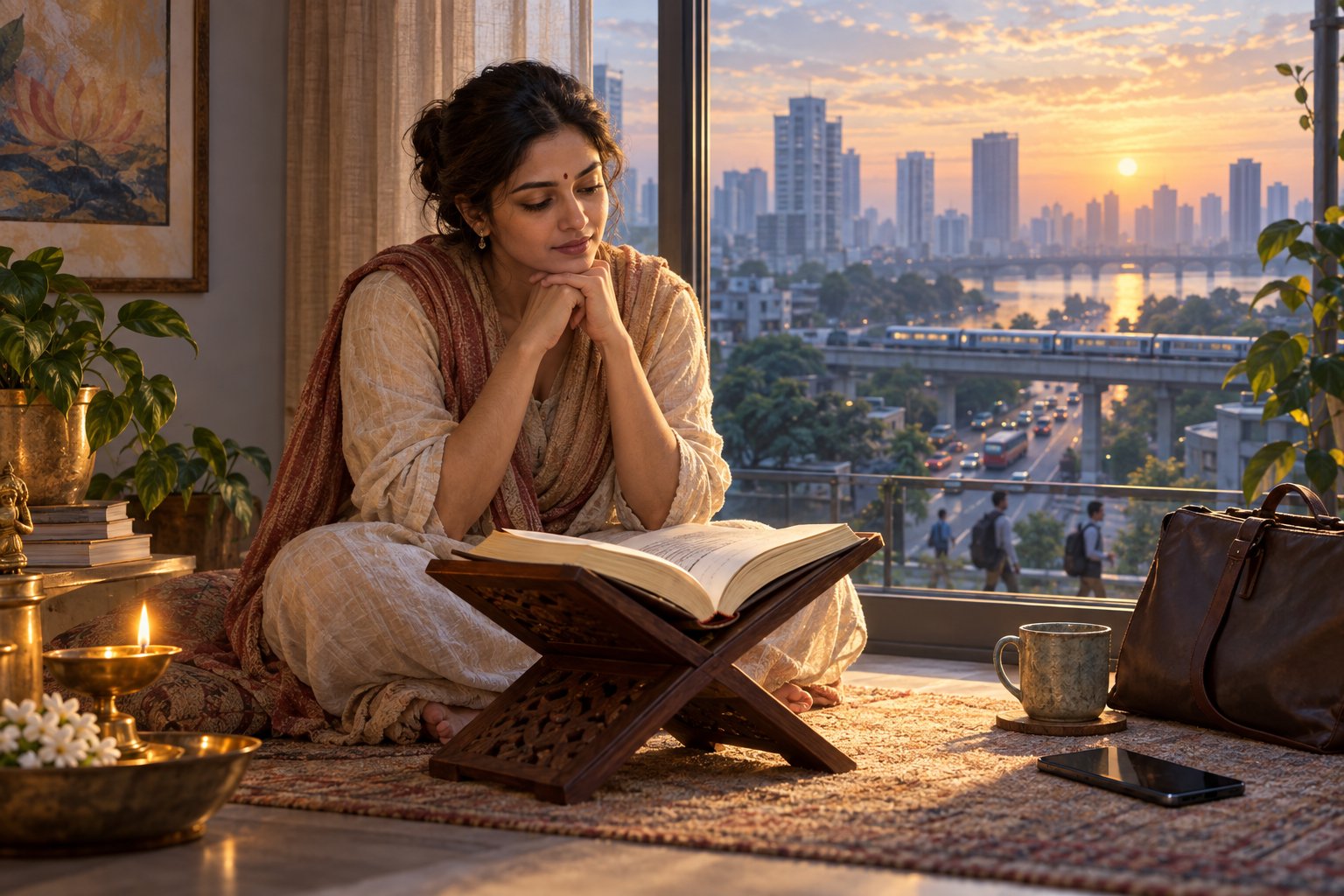 A person reflects beside an open sacred book in a dawn-lit apartment overlooking a modern city, with a phone and work bag nearby.