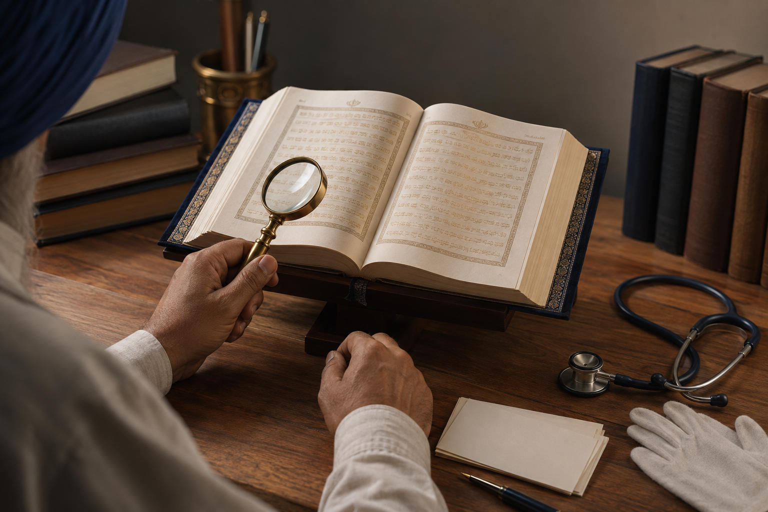 A Sikh scholar's hands study an elevated sacred volume at an orderly desk with reference books, a magnifying glass, and a stethoscope.