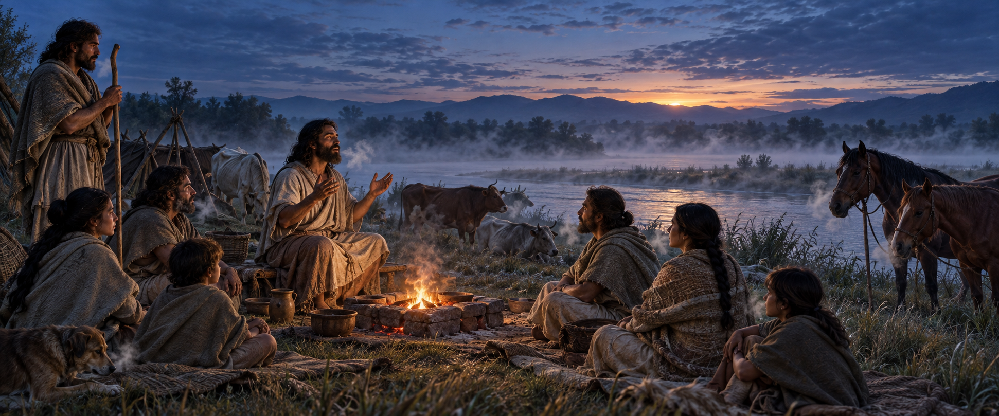 An early pastoral community listens to a reciter beside a small outdoor fire in the mist before dawn.