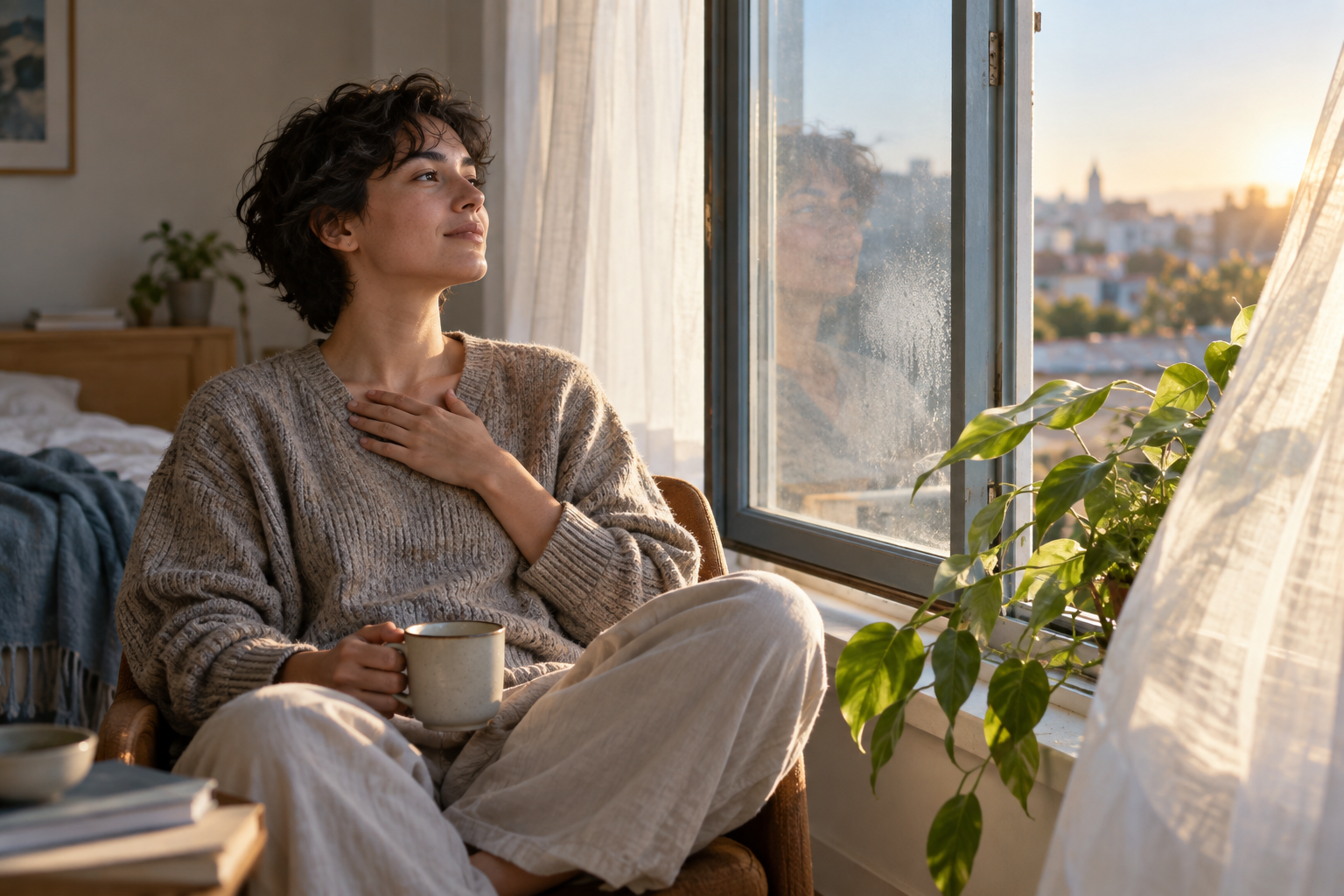 A person sits by an open morning window, touching their chest as a curtain and plant move in the breeze.