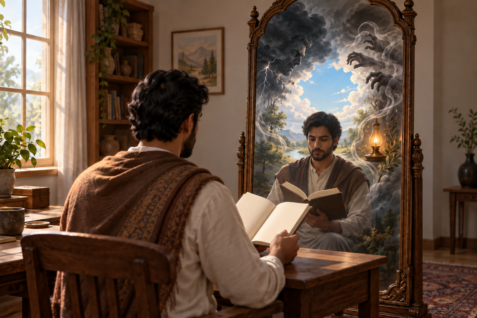 A reader faces a mirror that symbolically reflects anger, attachment, discernment, and inner clarity.