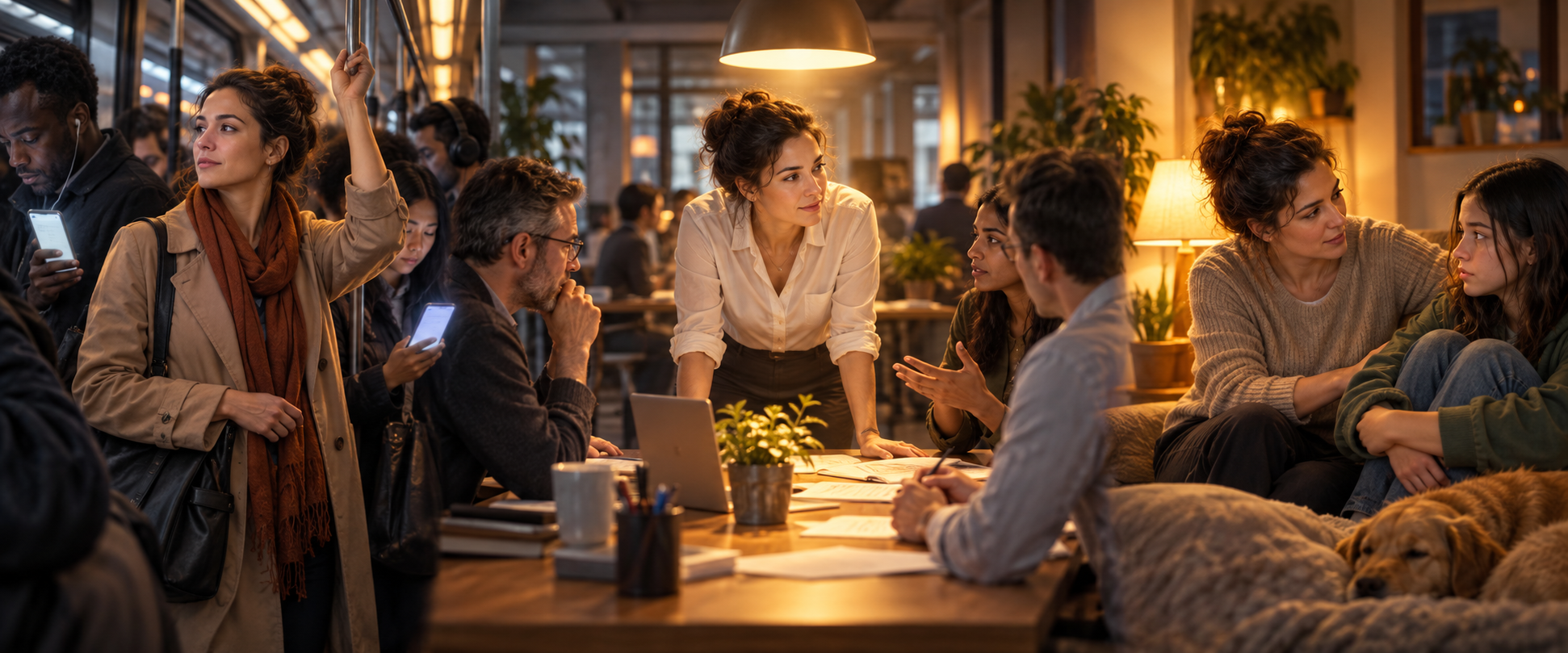 A person navigates a crowded commute, a workplace decision, and a tense family conversation while pausing calmly in each setting.