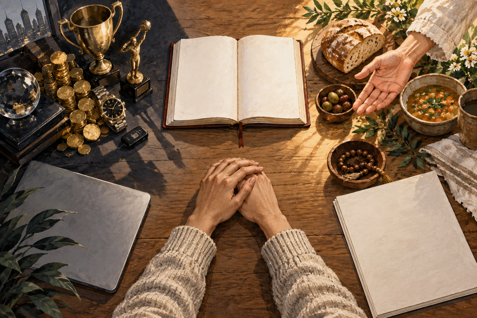 Hands pause over a table where a sacred book and prayer beads sit between symbols of ambition and compassionate action.