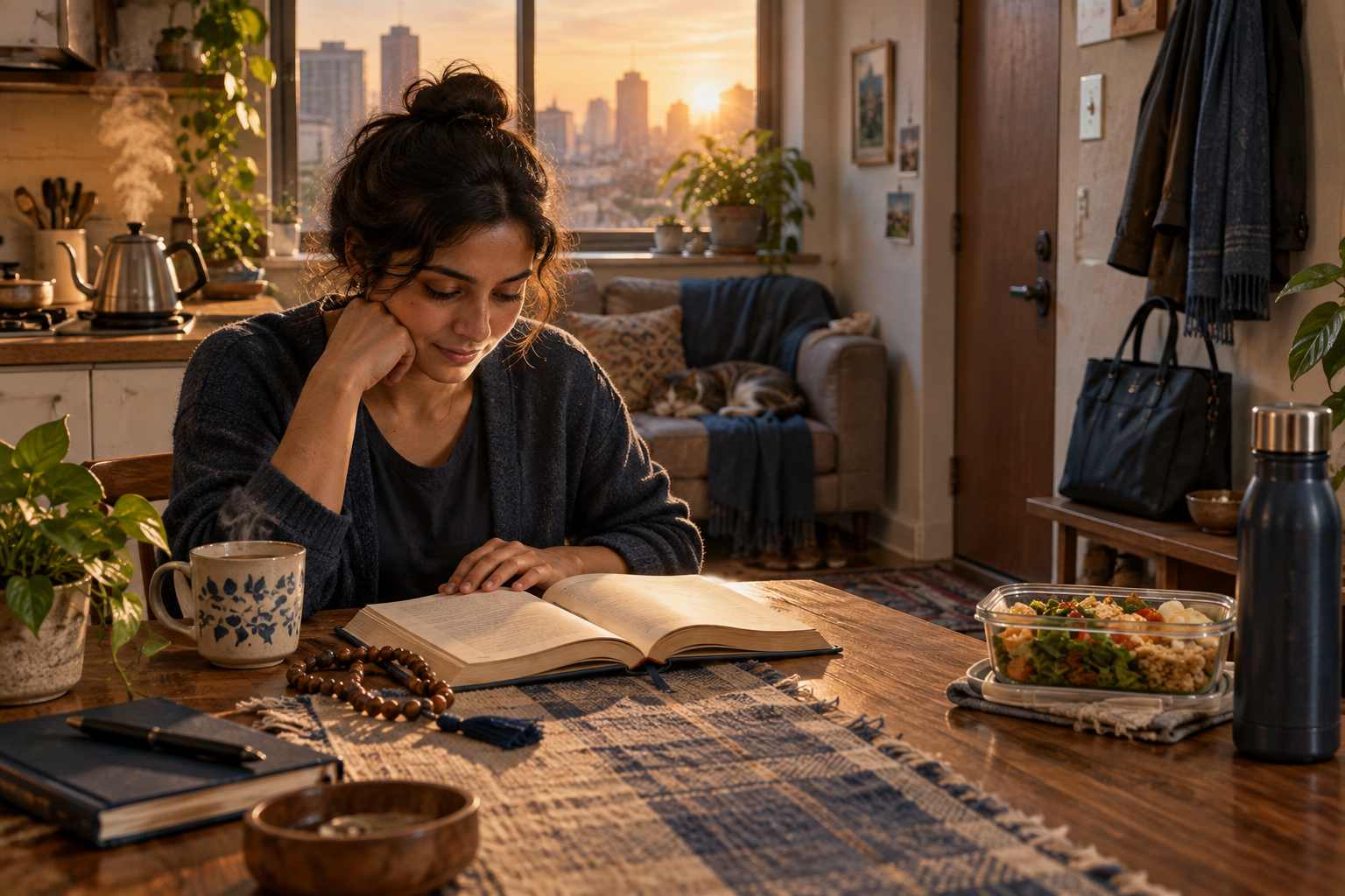 A busy professional makes time for morning scripture reading in a home prepared for the workday.