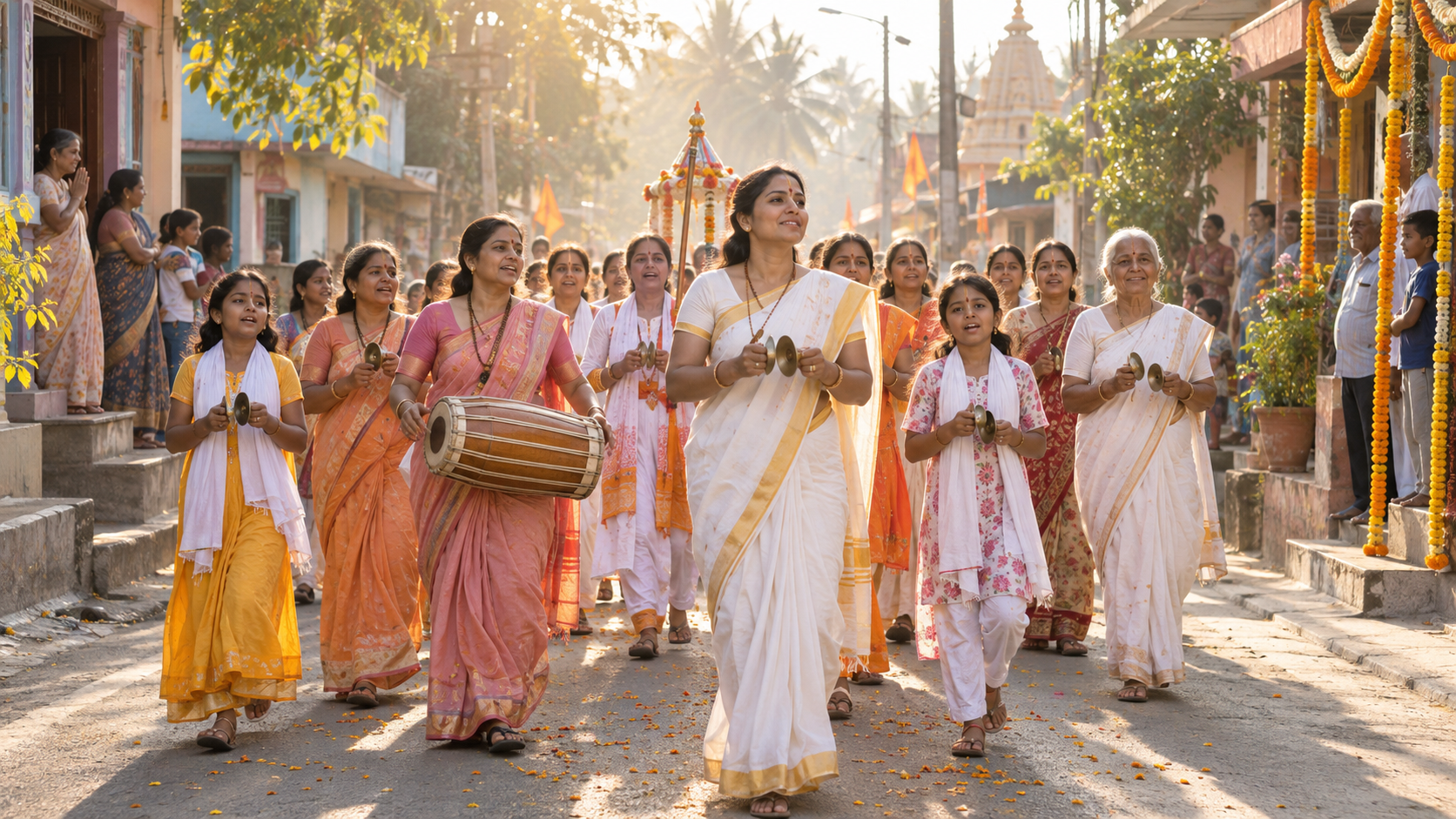 Women and girls lead a devotional walking procession with hand cymbals and a drum through a sunlit town street.