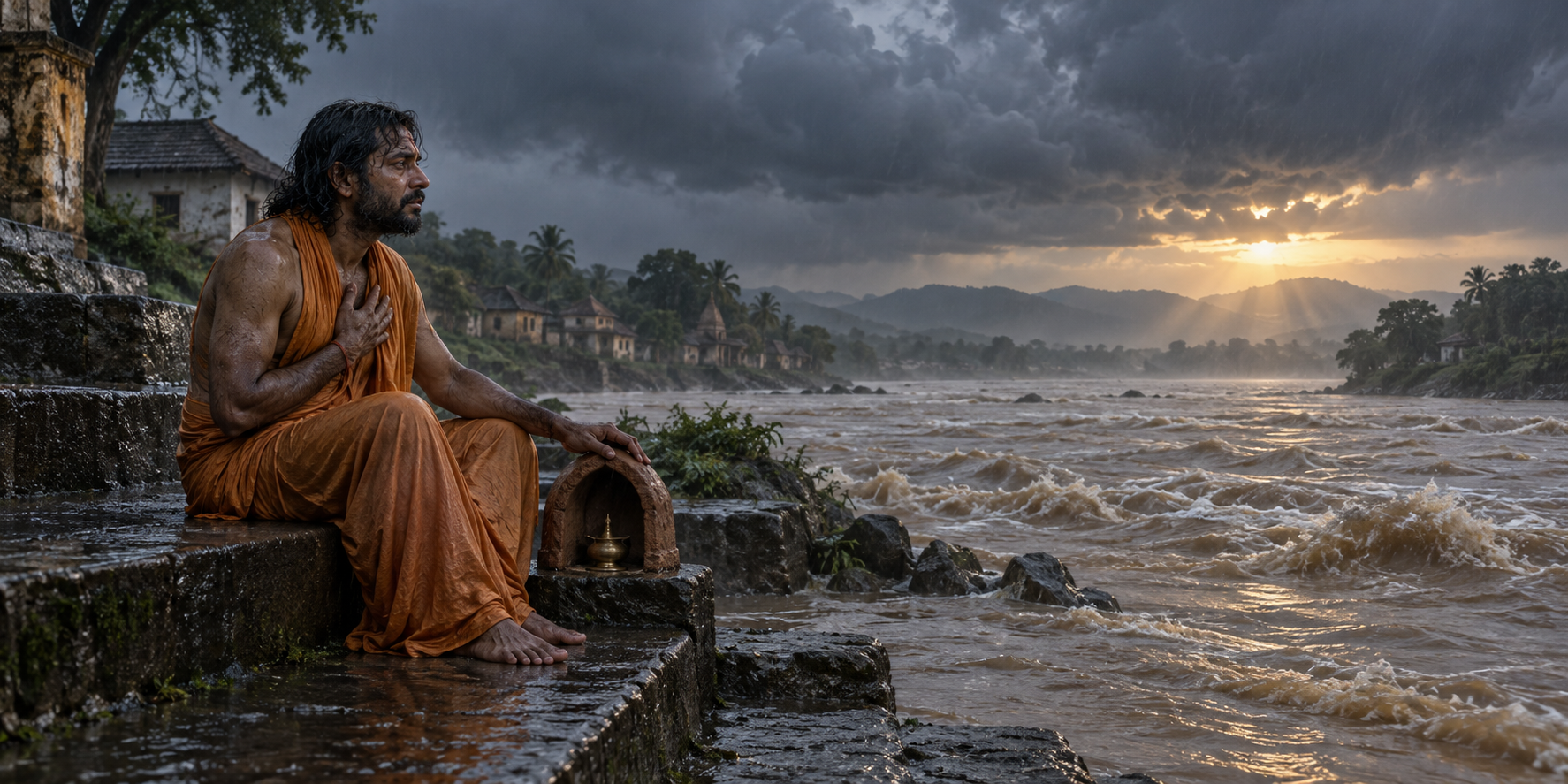 A weary devotee sits beside a rain-swollen river while dawn light breaks through dark monsoon clouds.