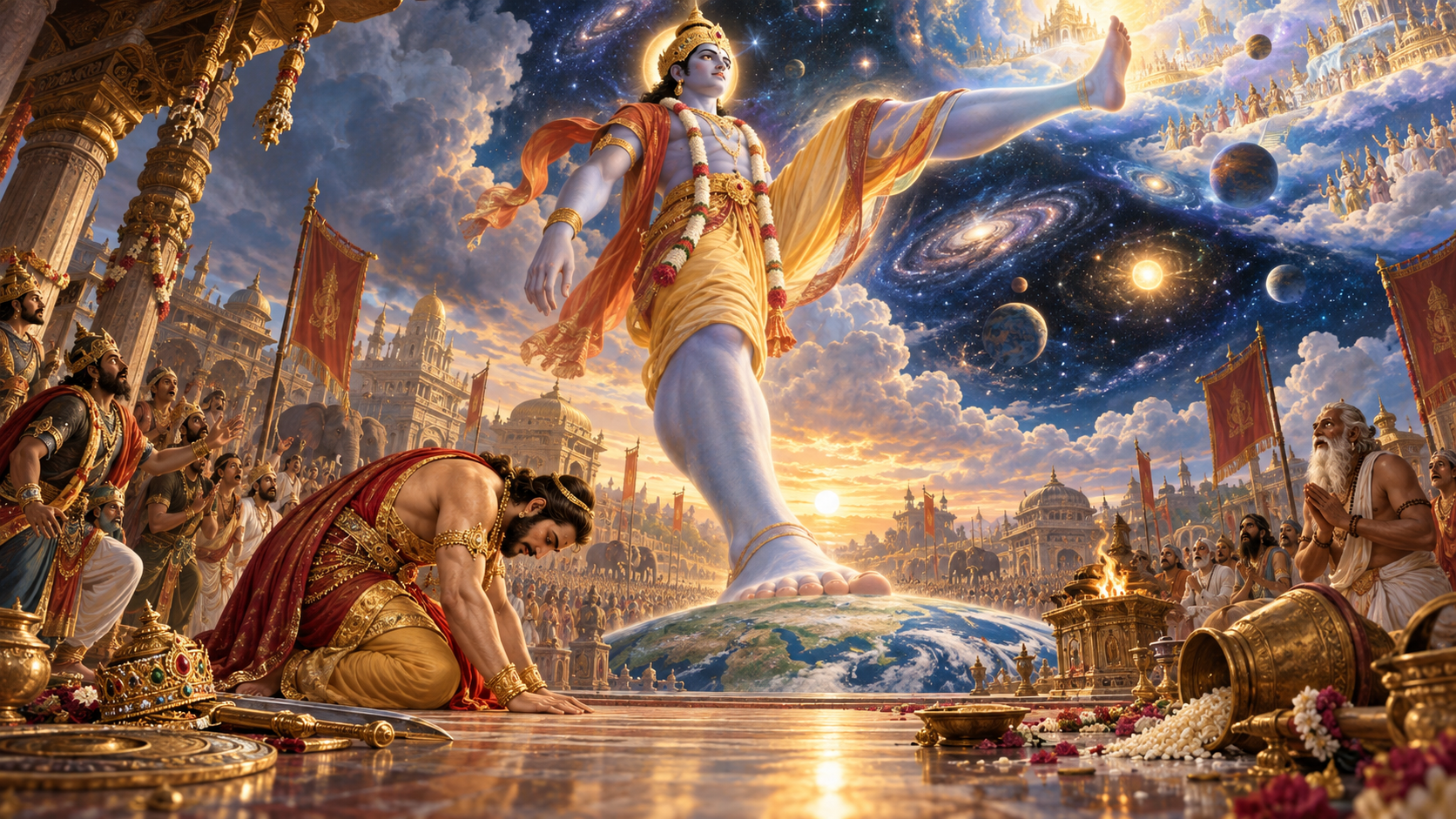 Bali Maharaja kneels with his crown set aside before Vamana in the towering cosmic form of Trivikrama, offering his bowed head for the third step.