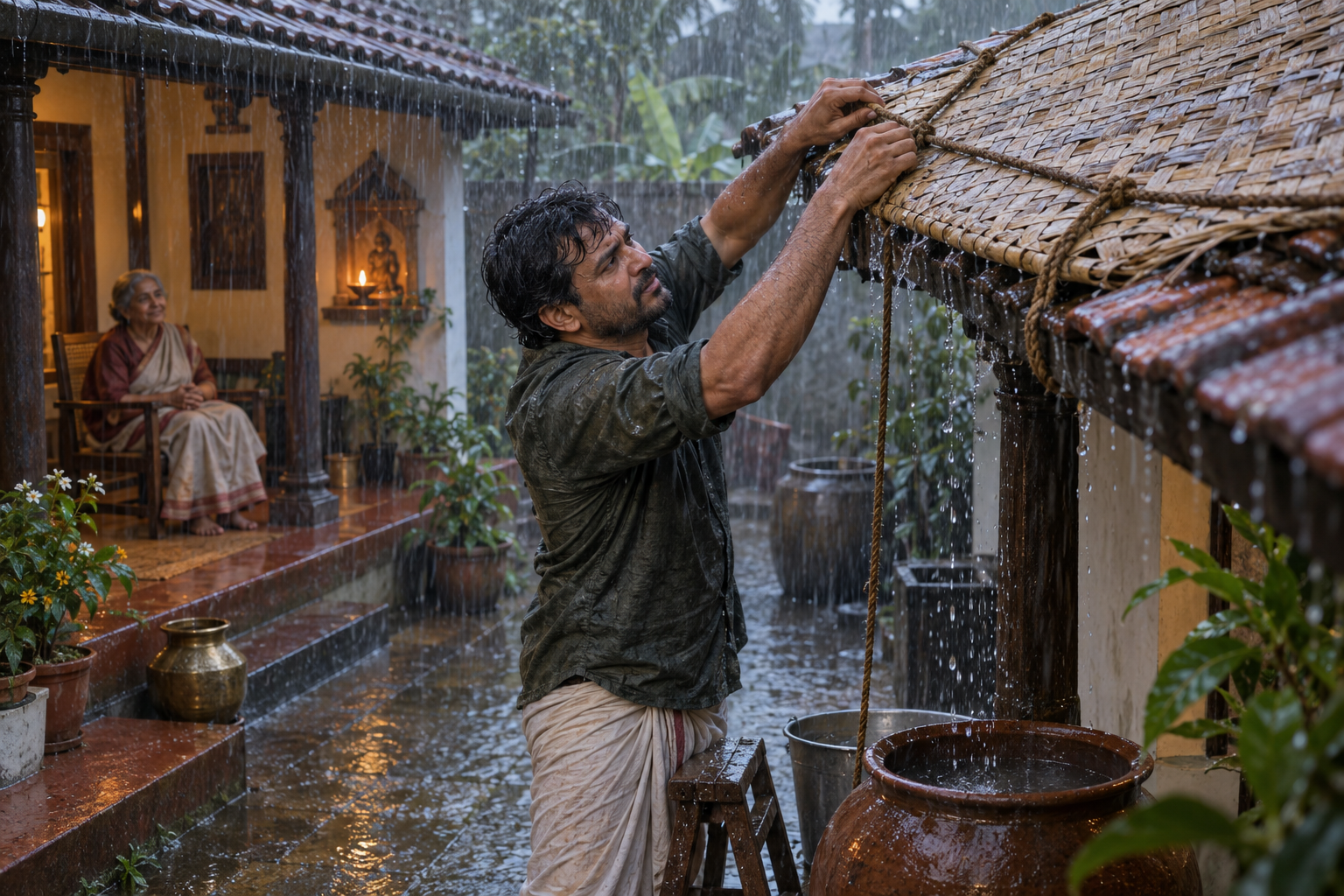 An adult secures a rain cover over a courtyard roof while an older relative rests in the sheltered home beside a glowing lamp.