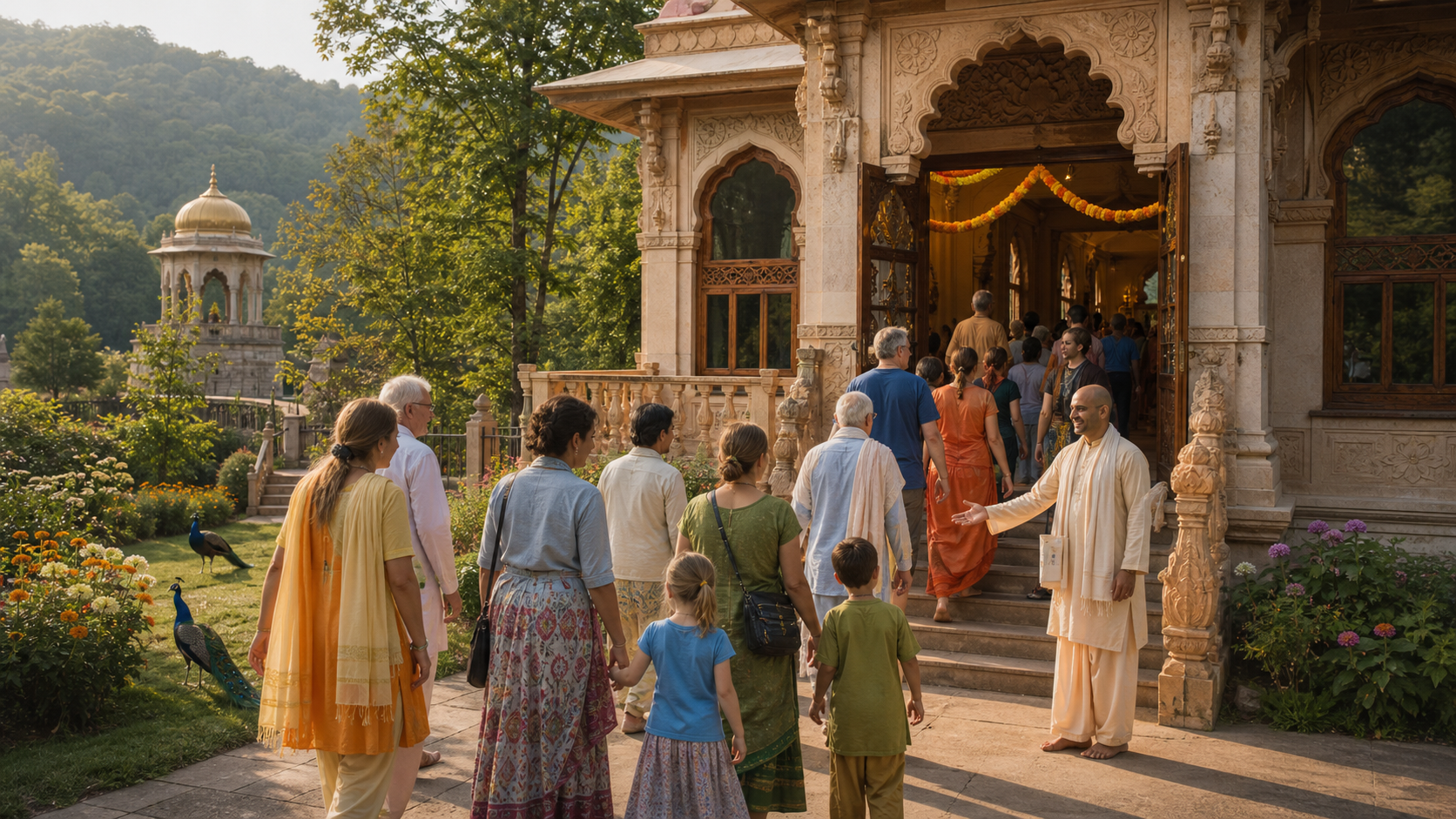 Local families and Krishna devotees approach an open Hindu temple entrance in a wooded West Virginia community.