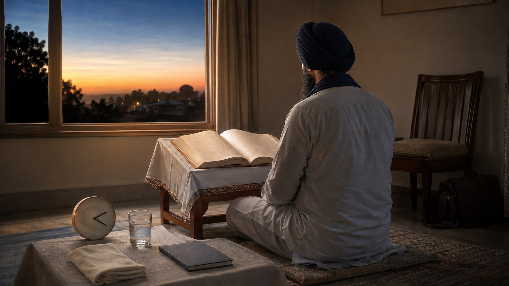 A turbaned Sikh adult follows a quiet predawn study routine at a raised sacred reading stand in a modest home.