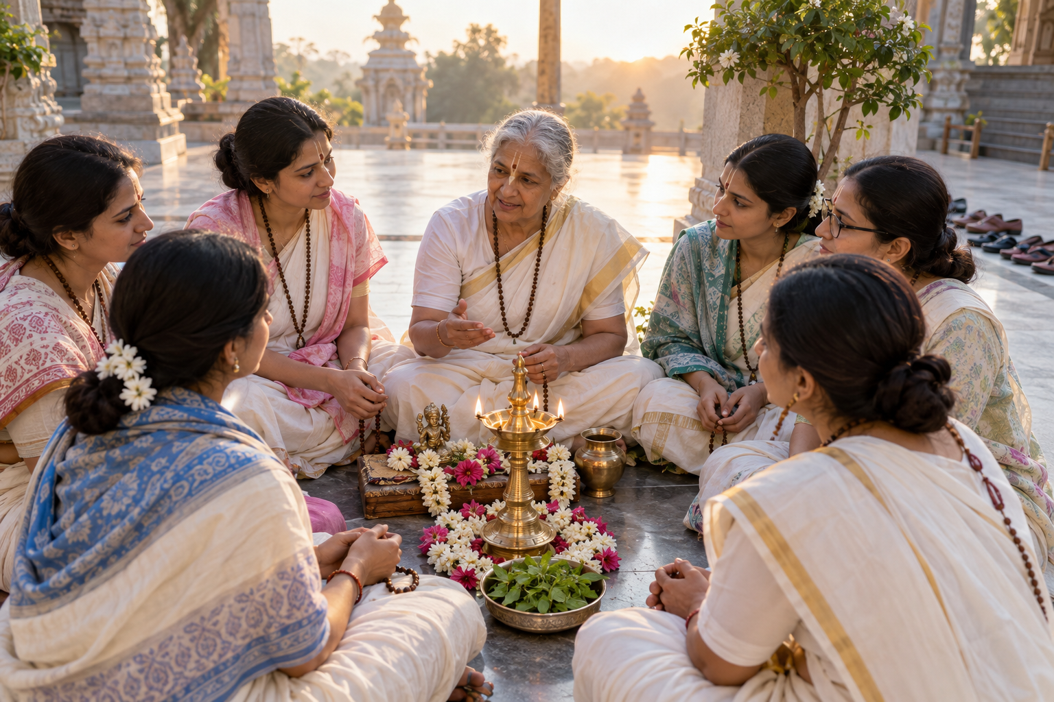Women organizers gather around a brass lamp, flowers, prayer beads, and sacred basil leaves before a devotional walk.
