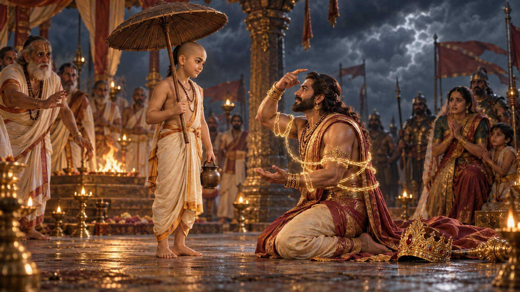 Bound Bali Maharaja kneels upright in a sacrificial court and points to his head while the dwarf brahmana Vamana stands before him with an umbrella and water pot.