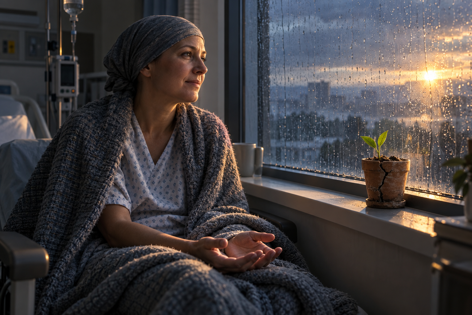 A patient in a hospital room watches a green shoot on the windowsill as sunrise glows through continuing rain.