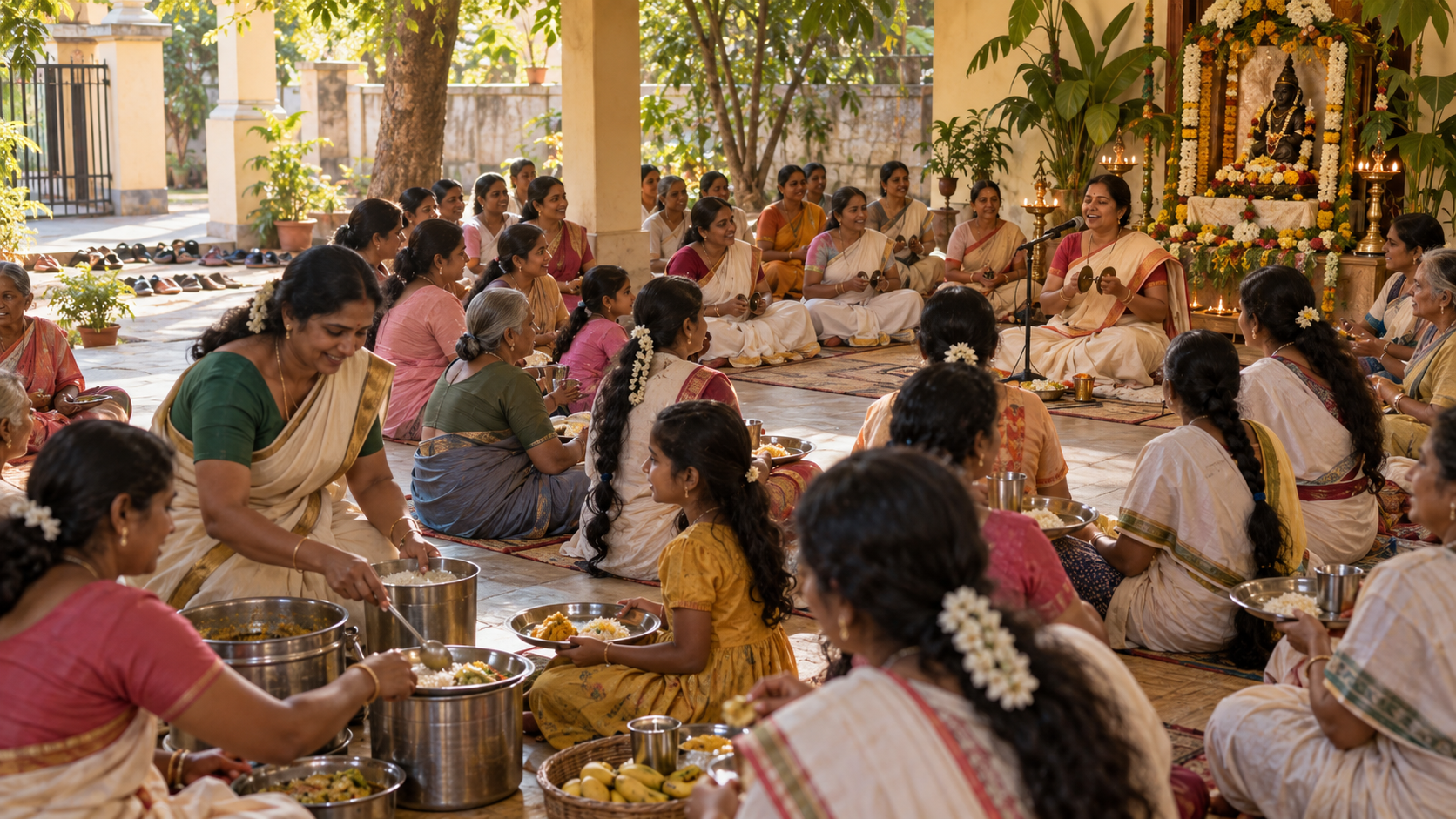 Women and children conclude a devotional walk with kirtana, rest, water, and a shared vegetarian meal in a courtyard.