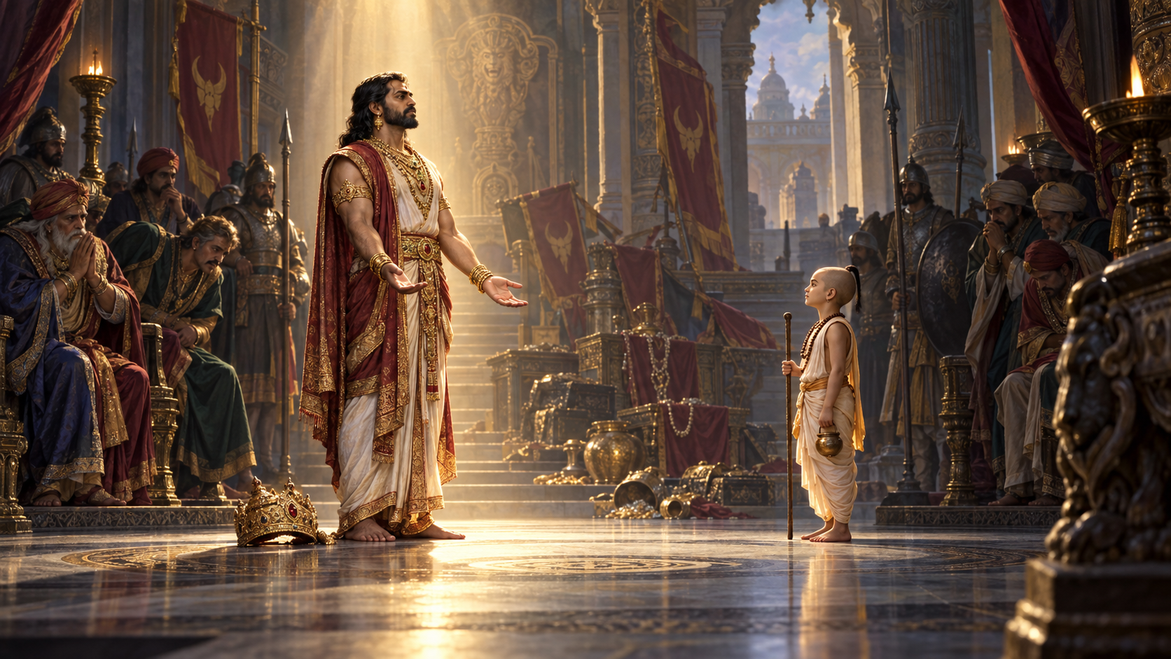 Bali Maharaja stands with open empty hands and his crown on the floor as worried courtiers watch him face Vamana calmly and deliberately.