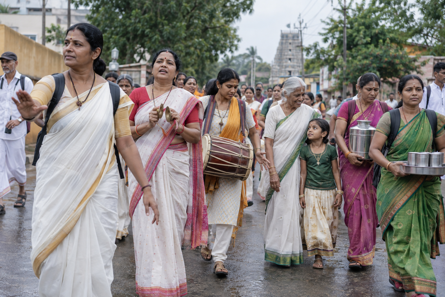 Women of different ages lead singing, music, route coordination, water service, and participant care during a devotional procession.