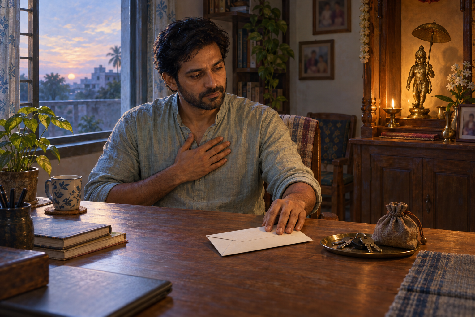 A householder pauses at a desk beside an unmarked envelope, keys, and coins while a small lamp illuminates a Vamana shrine in the background.