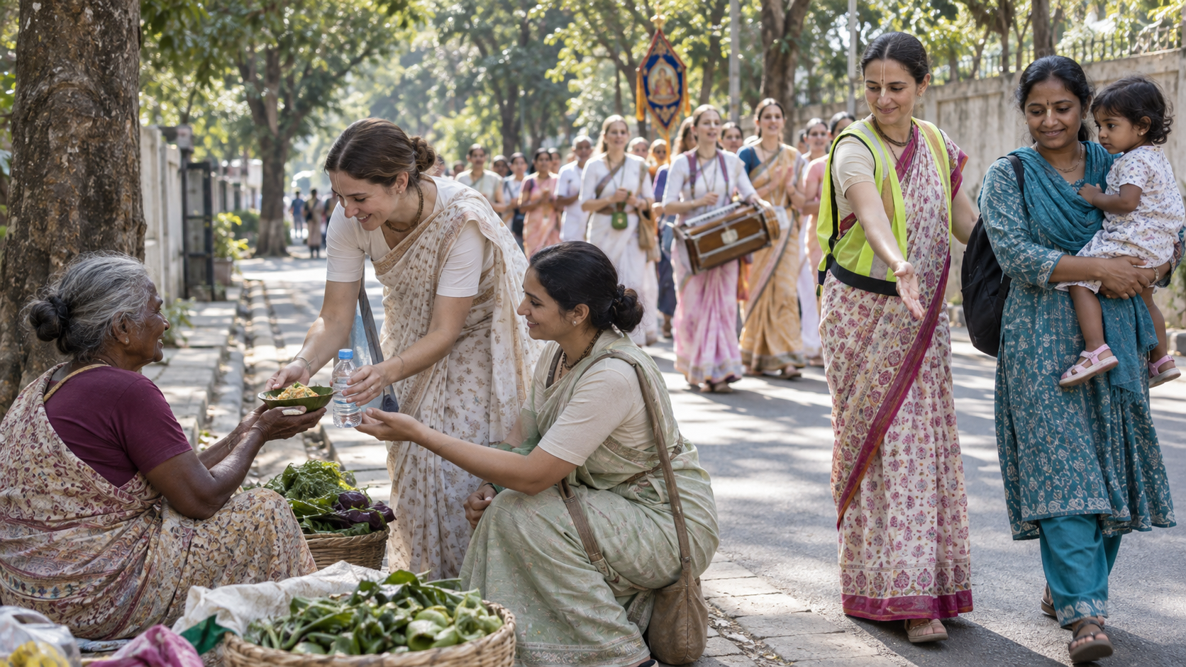 Women from a devotional procession offer water and vegetarian food to an elderly vendor while keeping the walkway clear for local pedestrians.