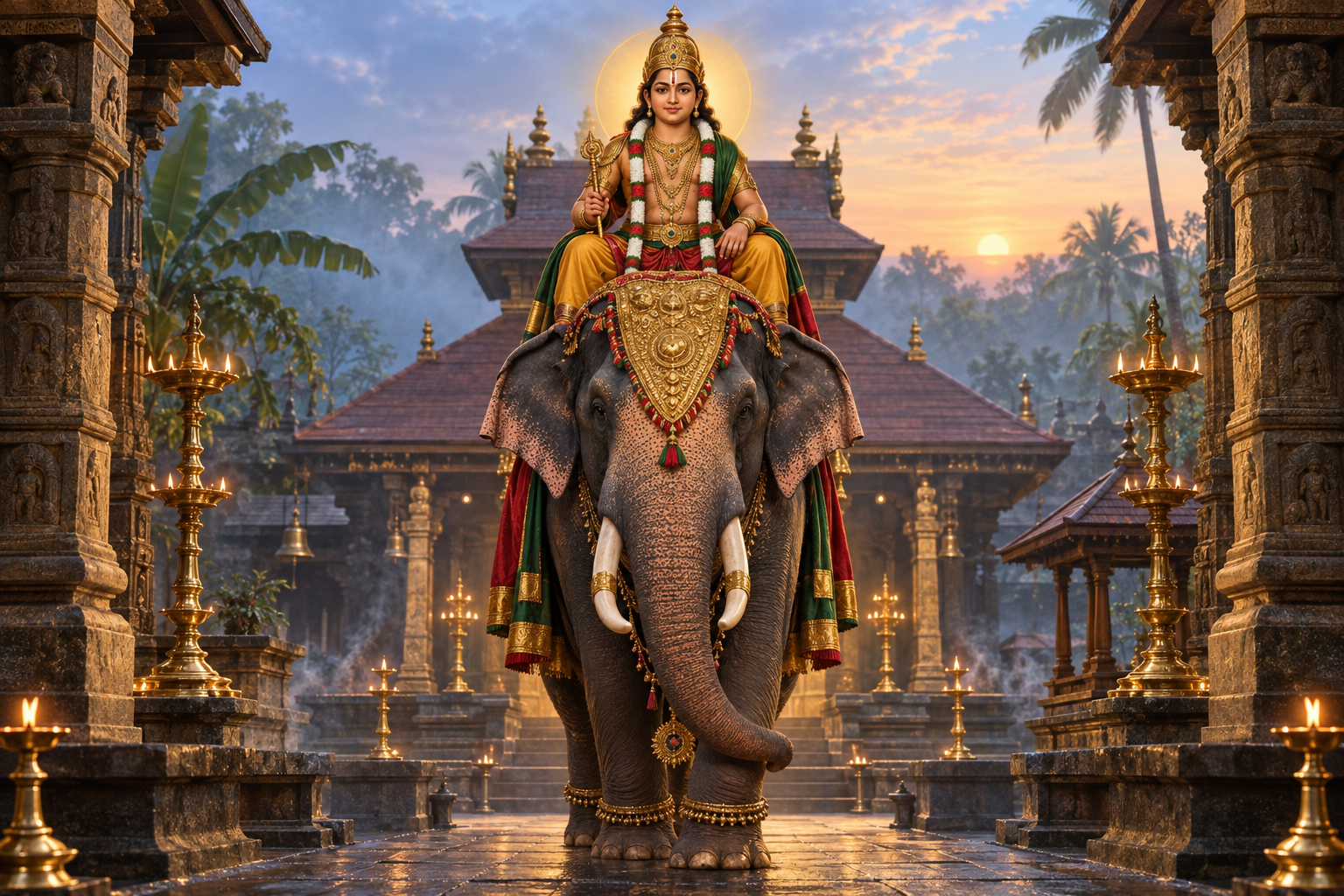 Devotional illustration of Gajaruda Sastha seated on an elephant in a lamp-lit Kerala-style temple courtyard at dawn.
