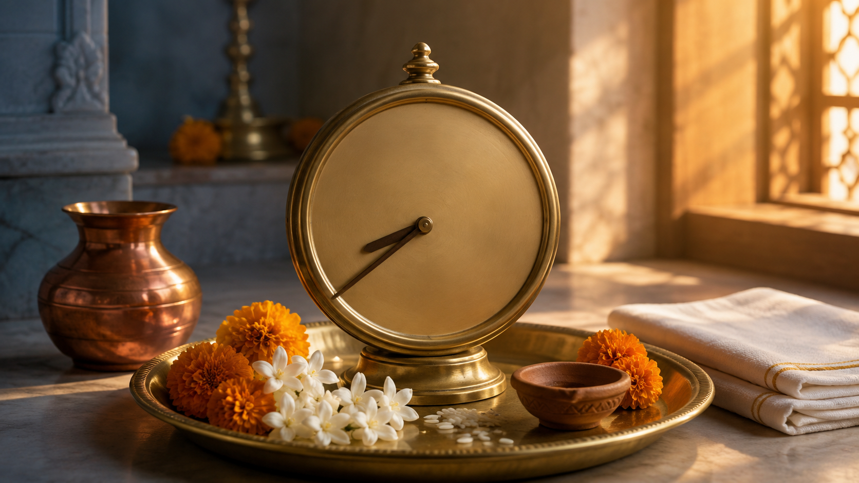Brass clock set near 8:38 beside a puja tray, diya, copper vessel, marigolds, and jasmine in morning light.