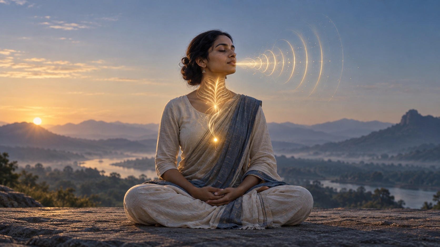 A seated practitioner surrounded by a continuous golden form that begins as a point of light, gathers near the heart, and becomes ripples of sound near the mouth.