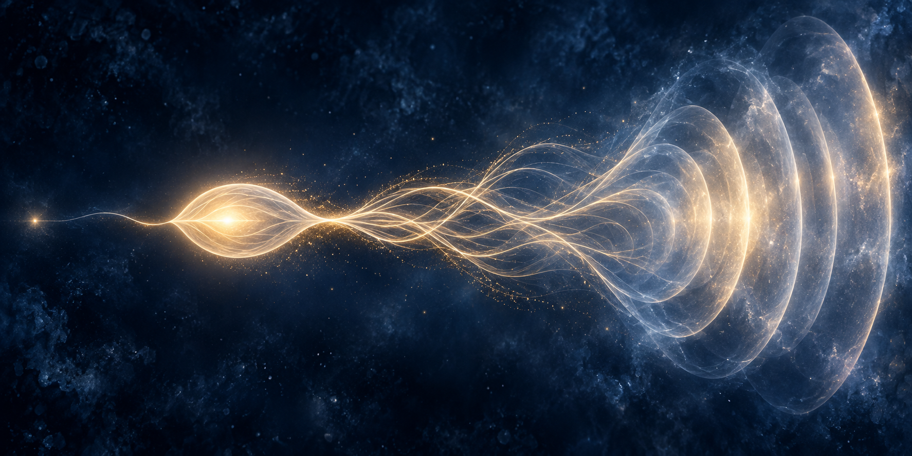 A luminous current changes from a faint point into a unified glowing form, interwoven strands, and expanding waves.