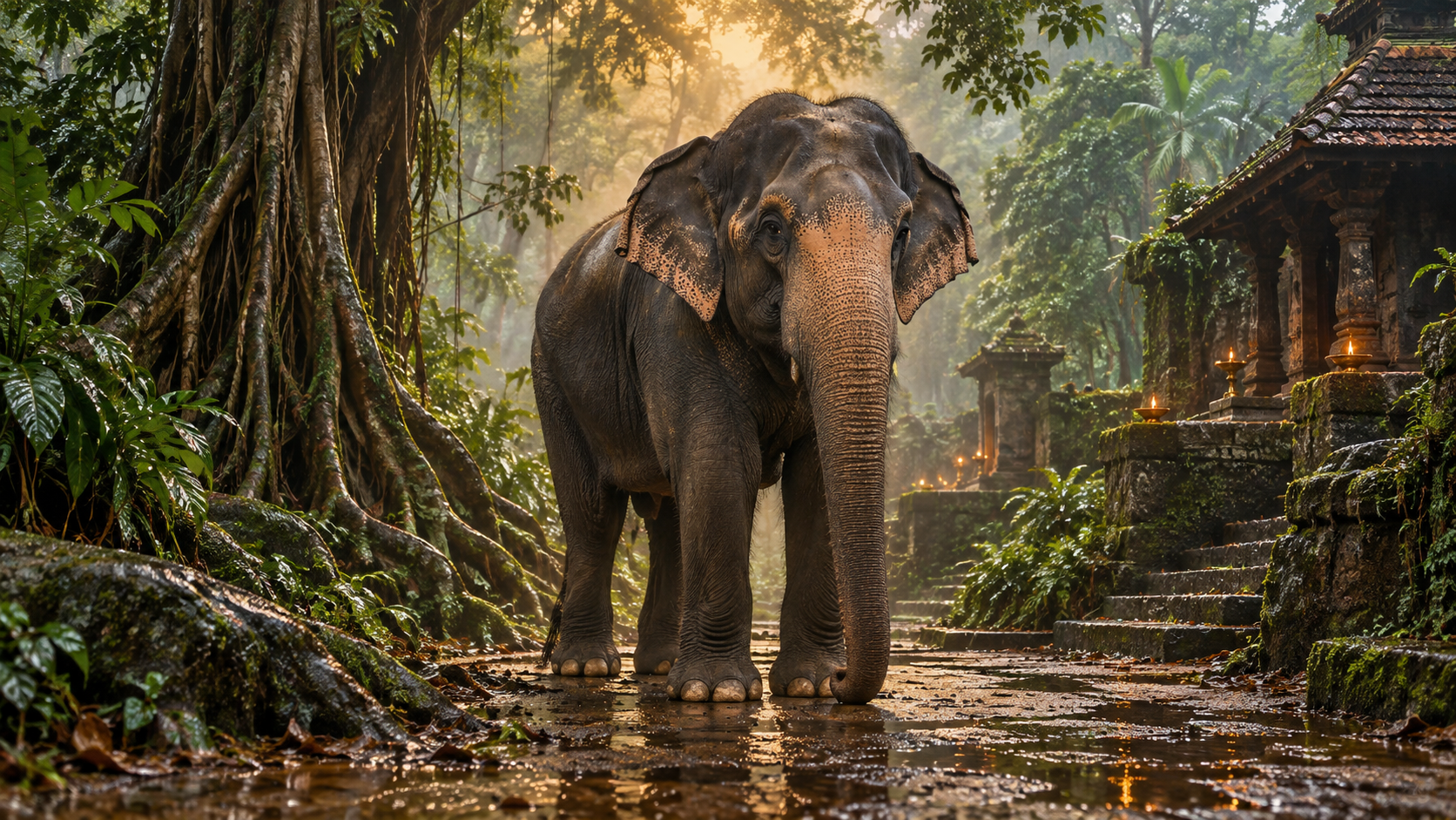 A calm elephant stands firmly on a misty path beside a South Indian temple grove and distant oil lamps.