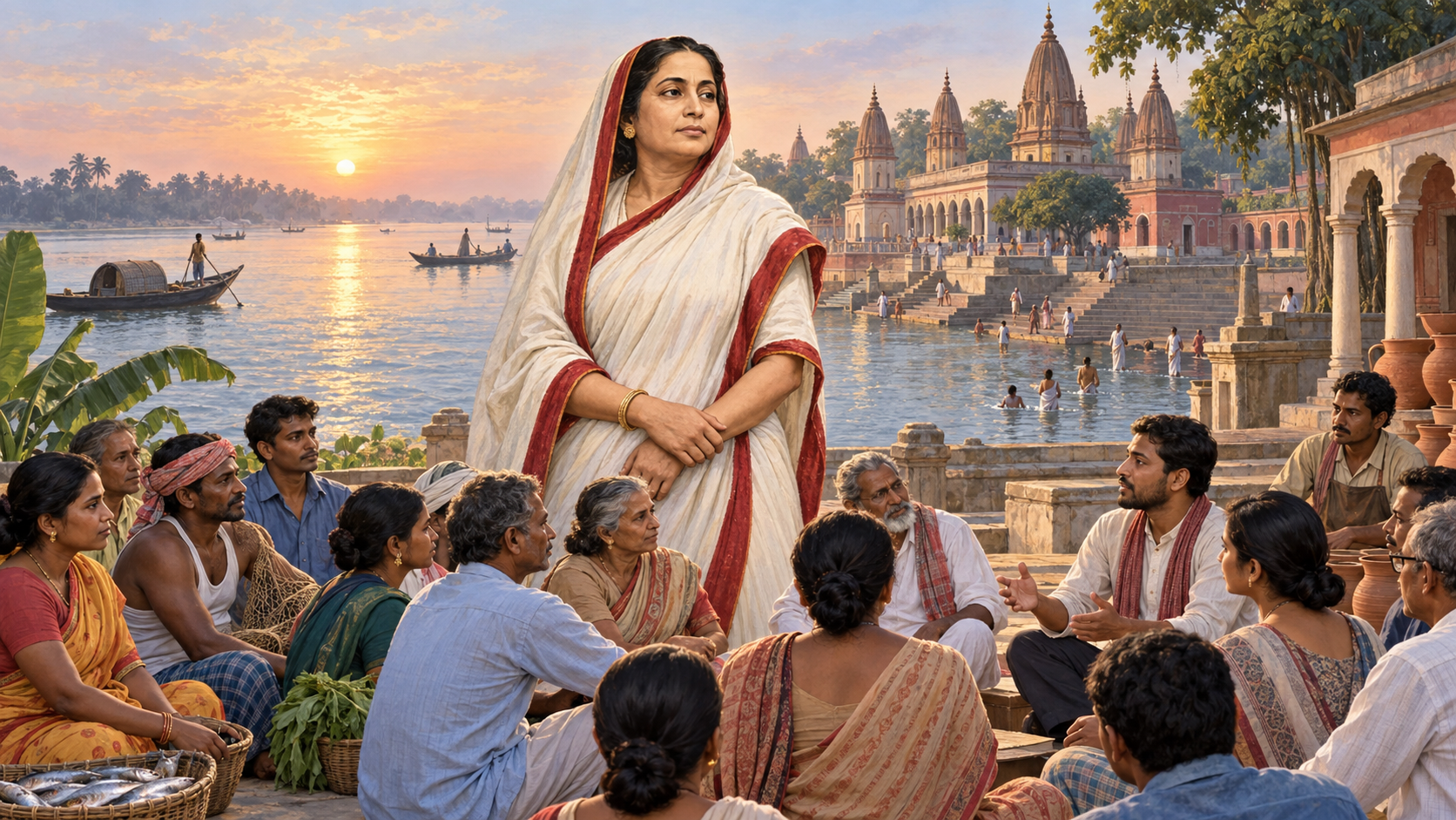 Editorial illustration of a nineteenth-century Bengali woman philanthropist before river ghats and temple spires, with a modern civic gathering in the foreground.