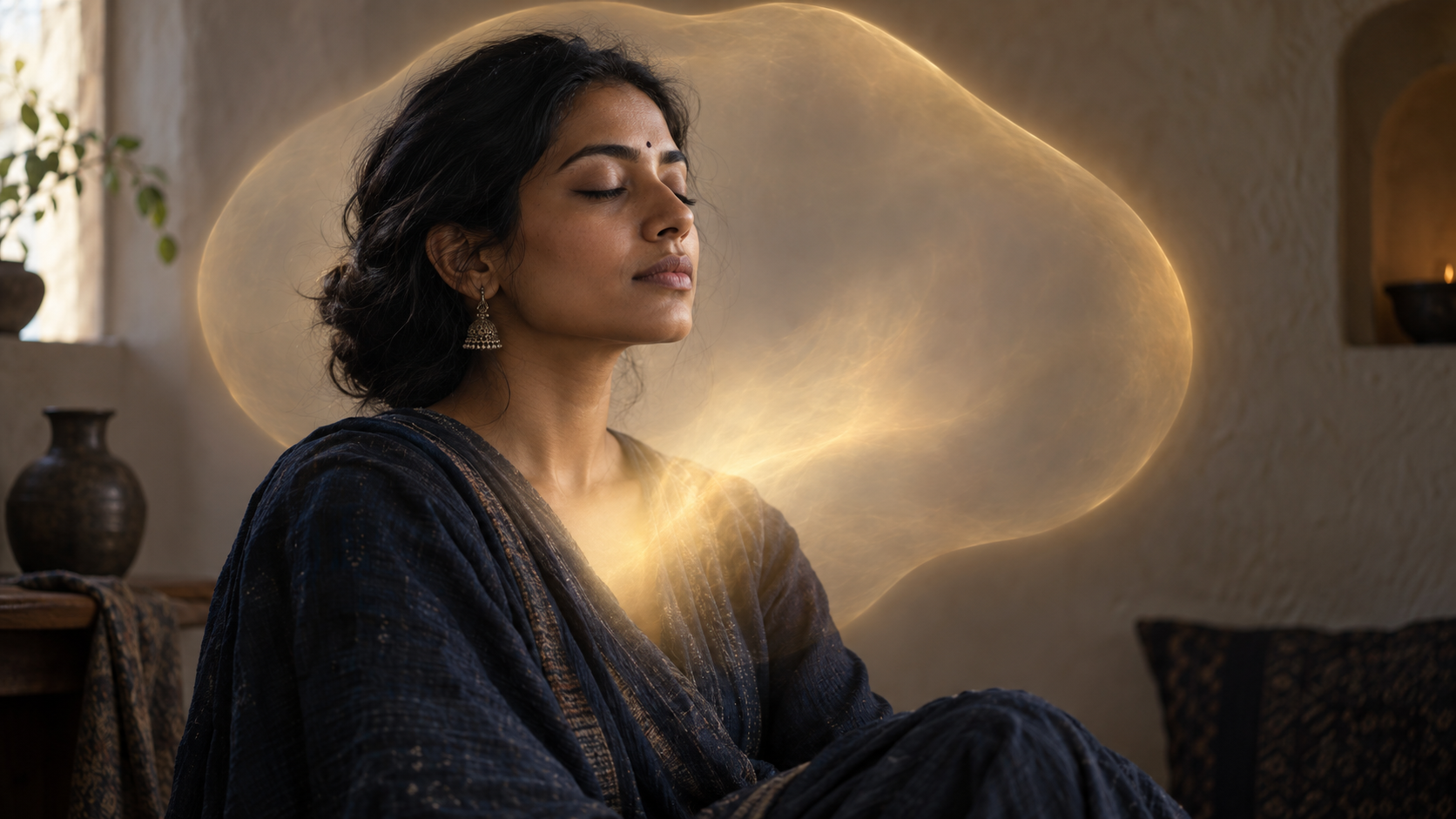 A woman sits with closed eyes as a single undivided shape of warm light glows near her head and chest.