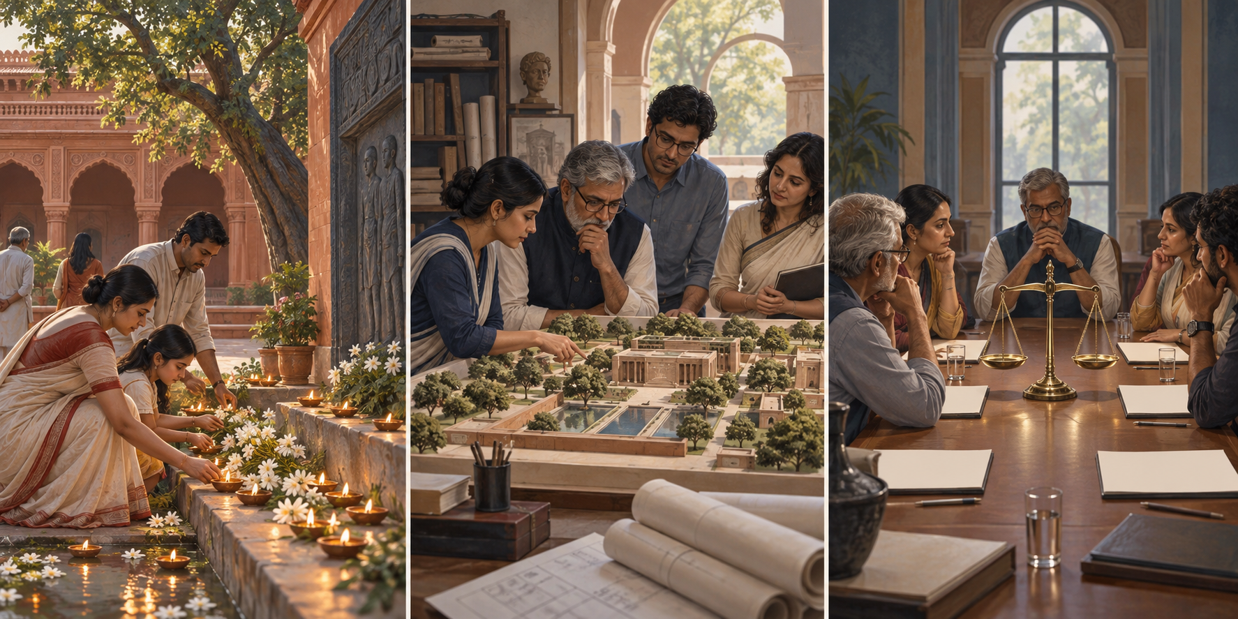Three-part illustration showing a heritage ceremony, planning for a memorial institution and a separate public-policy discussion.