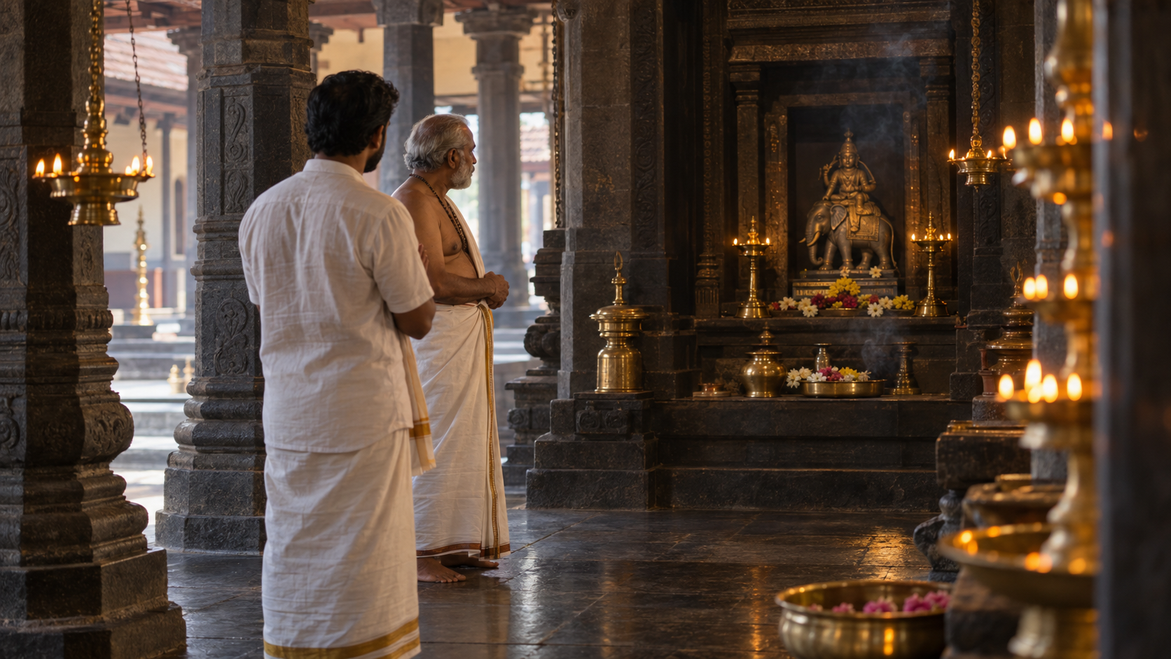 A devotee and temple priest stand before a small lamp-lit shrine depicting Sastha mounted on an elephant.