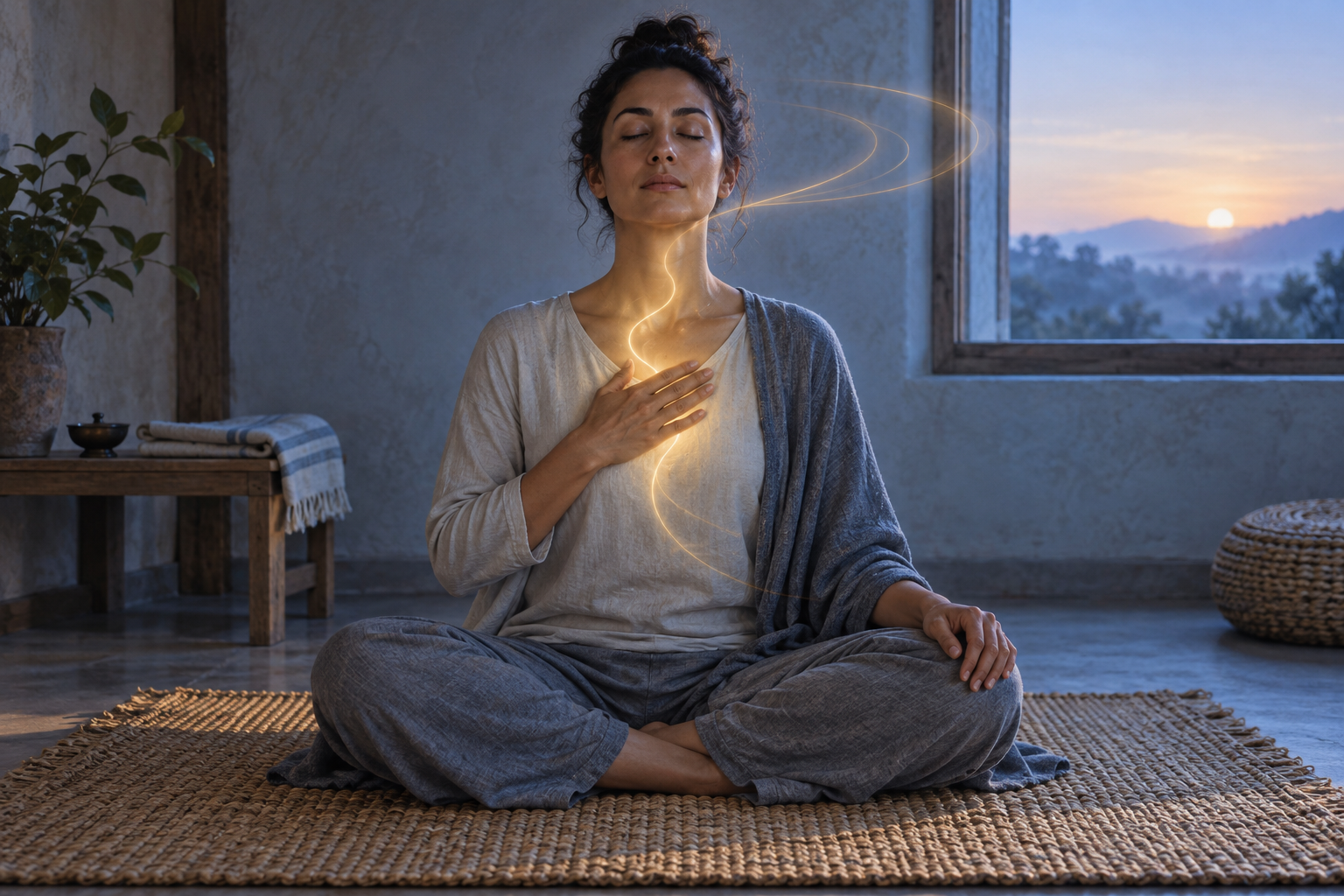 A practitioner meditates at dawn while a subtle golden ribbon connects the chest, throat, and gentle ripples in the air.
