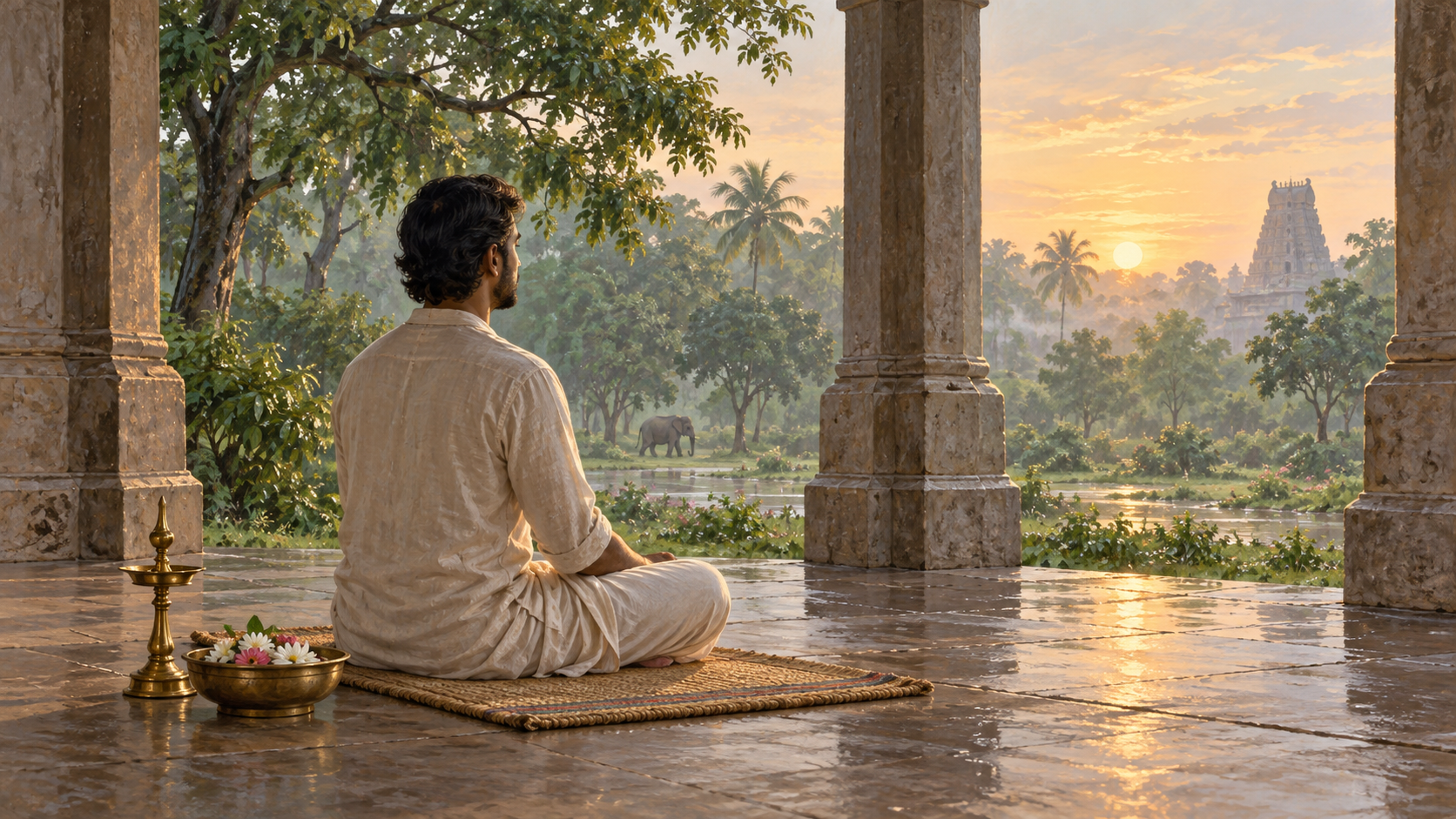 A devotee sits quietly on a veranda at sunrise while an elephant walks through the distant temple grove.