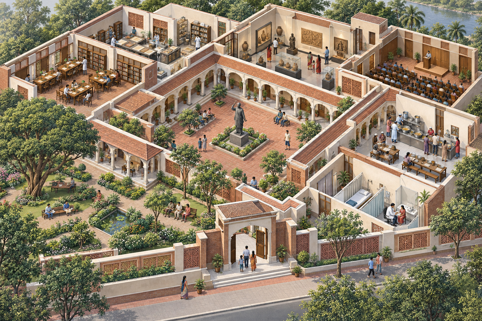 Cutaway view of a Bengali-style memorial campus containing an archive, library, museum, lecture hall, clinic, community kitchen and garden.