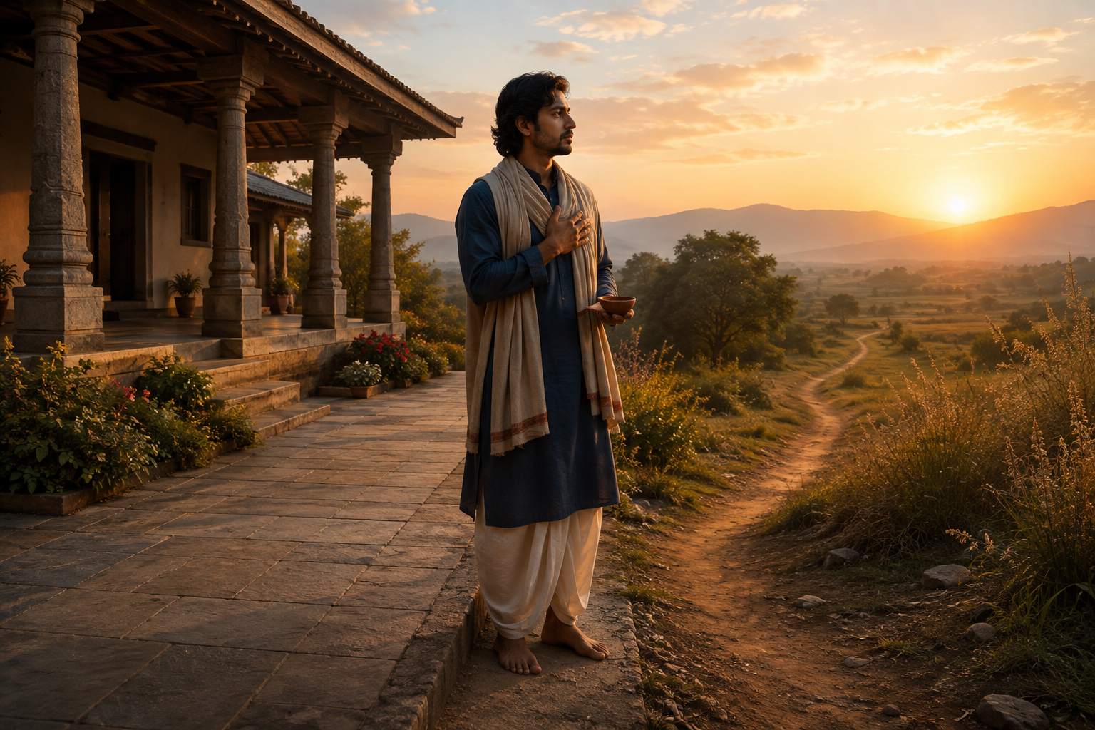 An adult pauses at dawn between a stone courtyard and a narrow trail leading through grass toward distant hills.