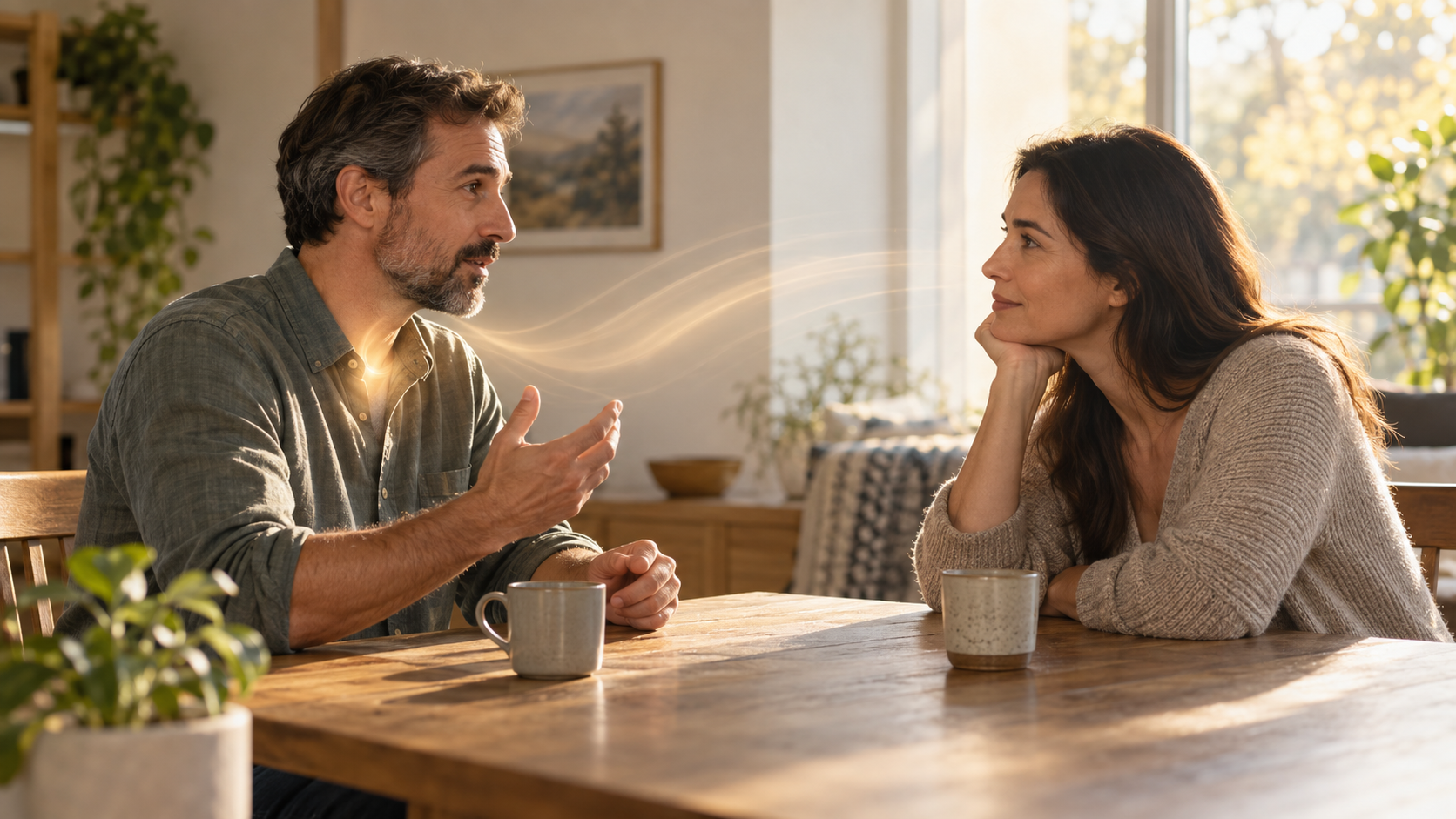 Two people have an attentive conversation as a subtle warm ripple extends from the thoughtful speaker toward the listener.
