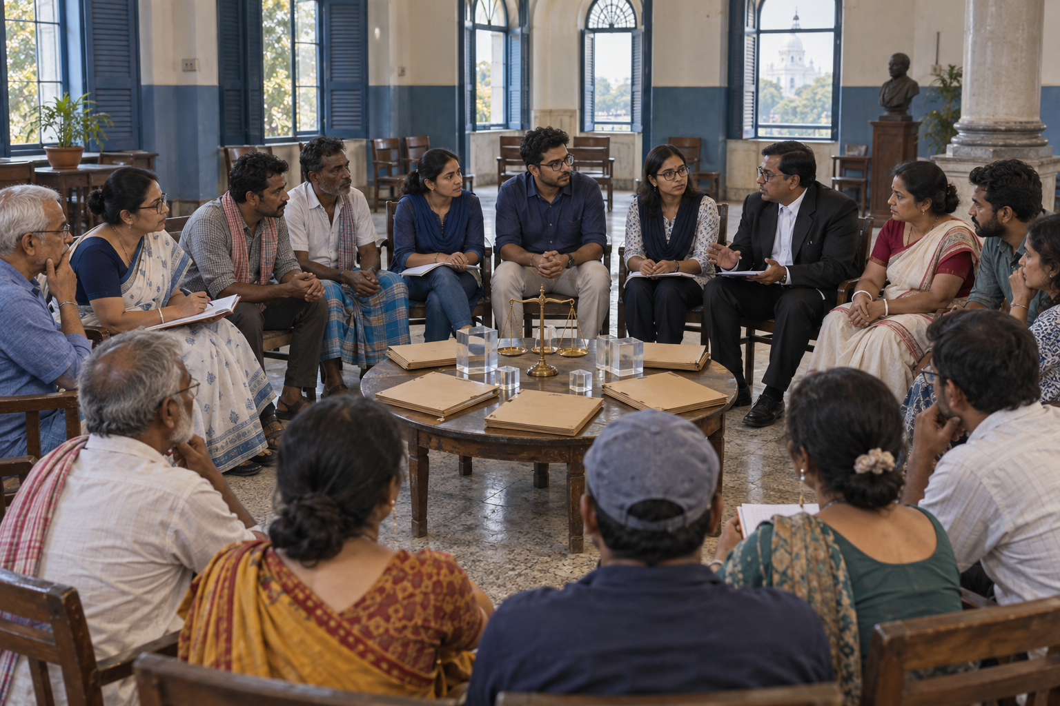 Bengali workers, students, lawyers and researchers take part in a circular public hearing with document folders and a balance scale at the center.