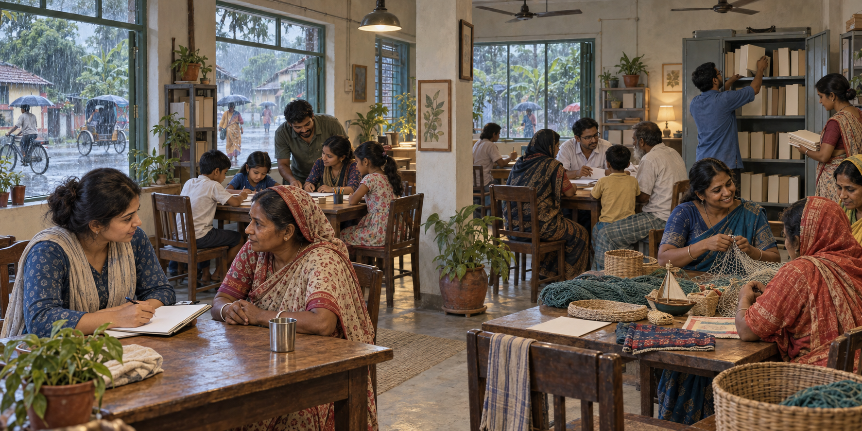 Community volunteers in Bengal provide tutoring, legal assistance, household outreach and cooperative planning inside a neighborhood center.