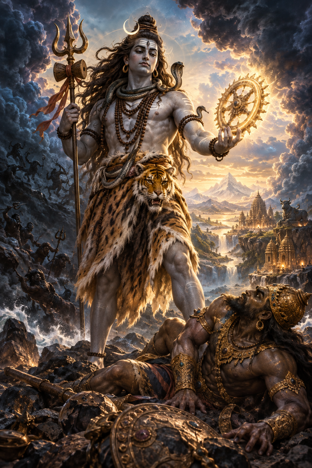 Shiva stands with a luminous circular weapon as the defeated asura Jalandhara falls and storm clouds open behind them.