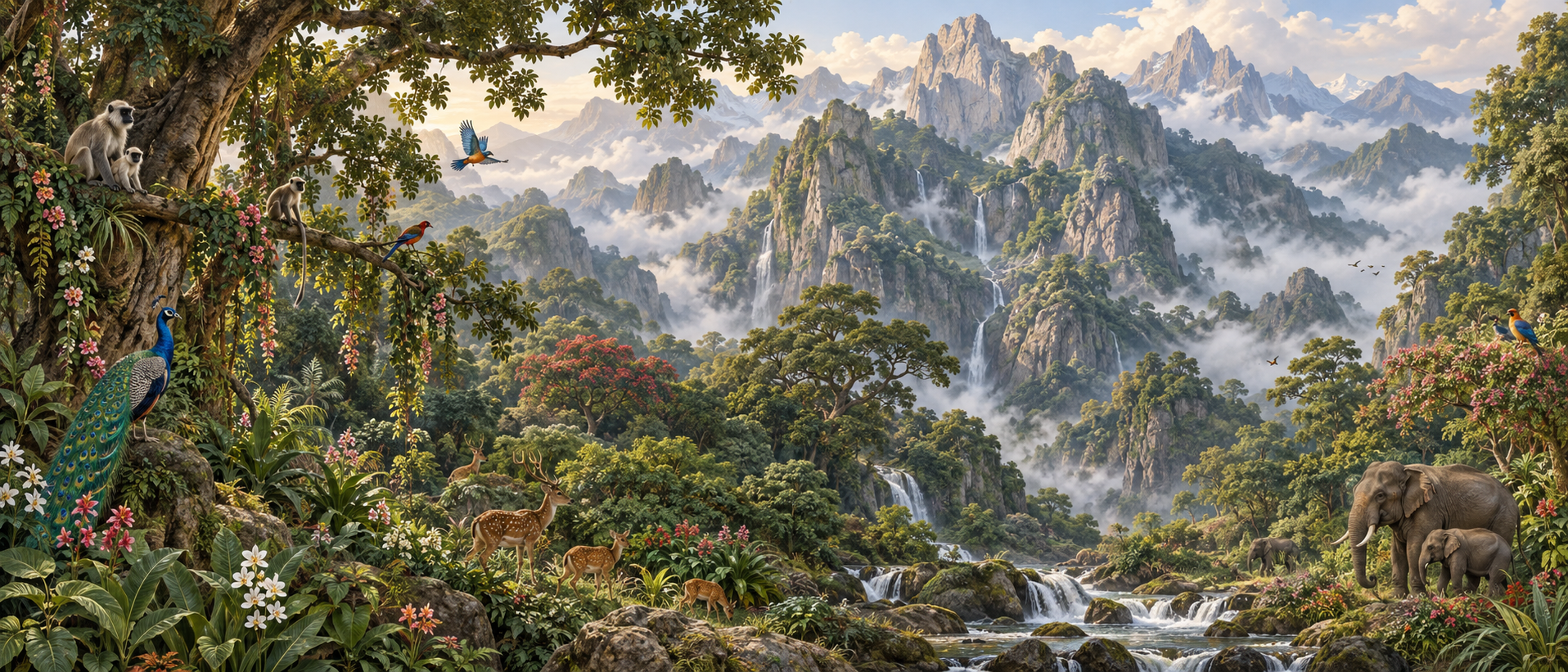 Forested slopes of Mount Mandara with rocky peaks, streams, flowering plants, birds, monkeys, deer and elephants.