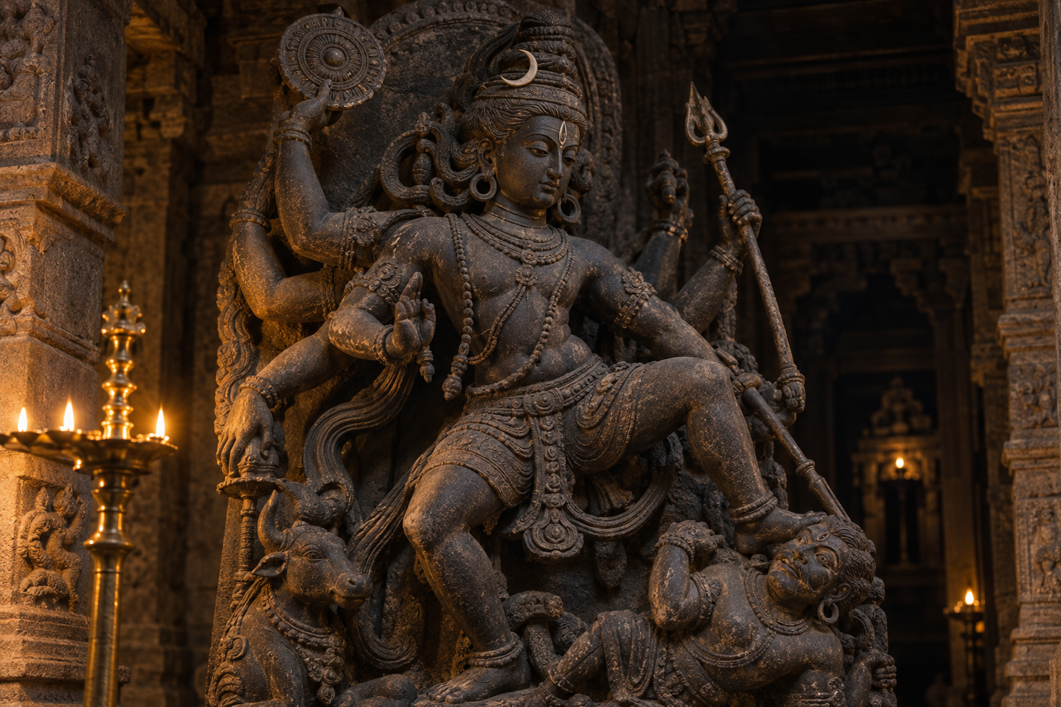 A lamplit stone sculpture of Shiva in a dynamic multi-armed form inside a pillared temple shrine.