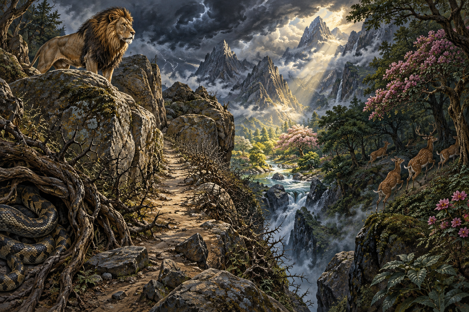 A narrow mountain pass on Mandara with a lion, serpent, retreating deer, flowering trees and a sunlit stream beneath storm-darkened peaks.