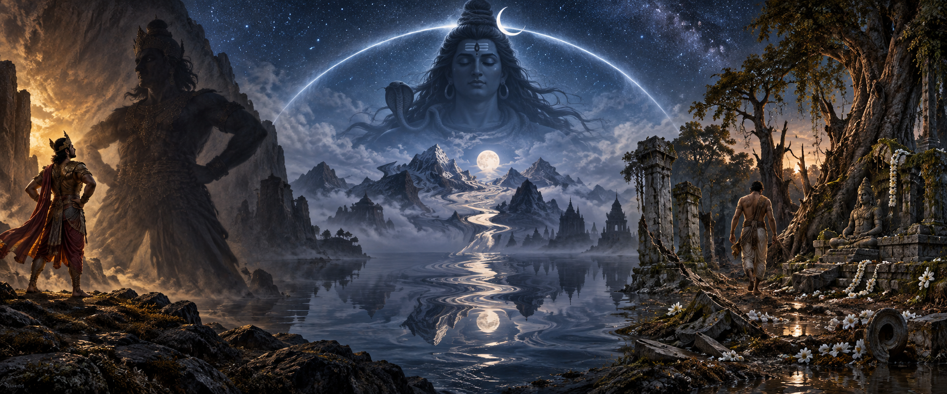 A symbolic landscape shows a figure confronting a large shadow, a misty distorted reflection, and a damaged sacred grove beneath Shiva's luminous silhouette.