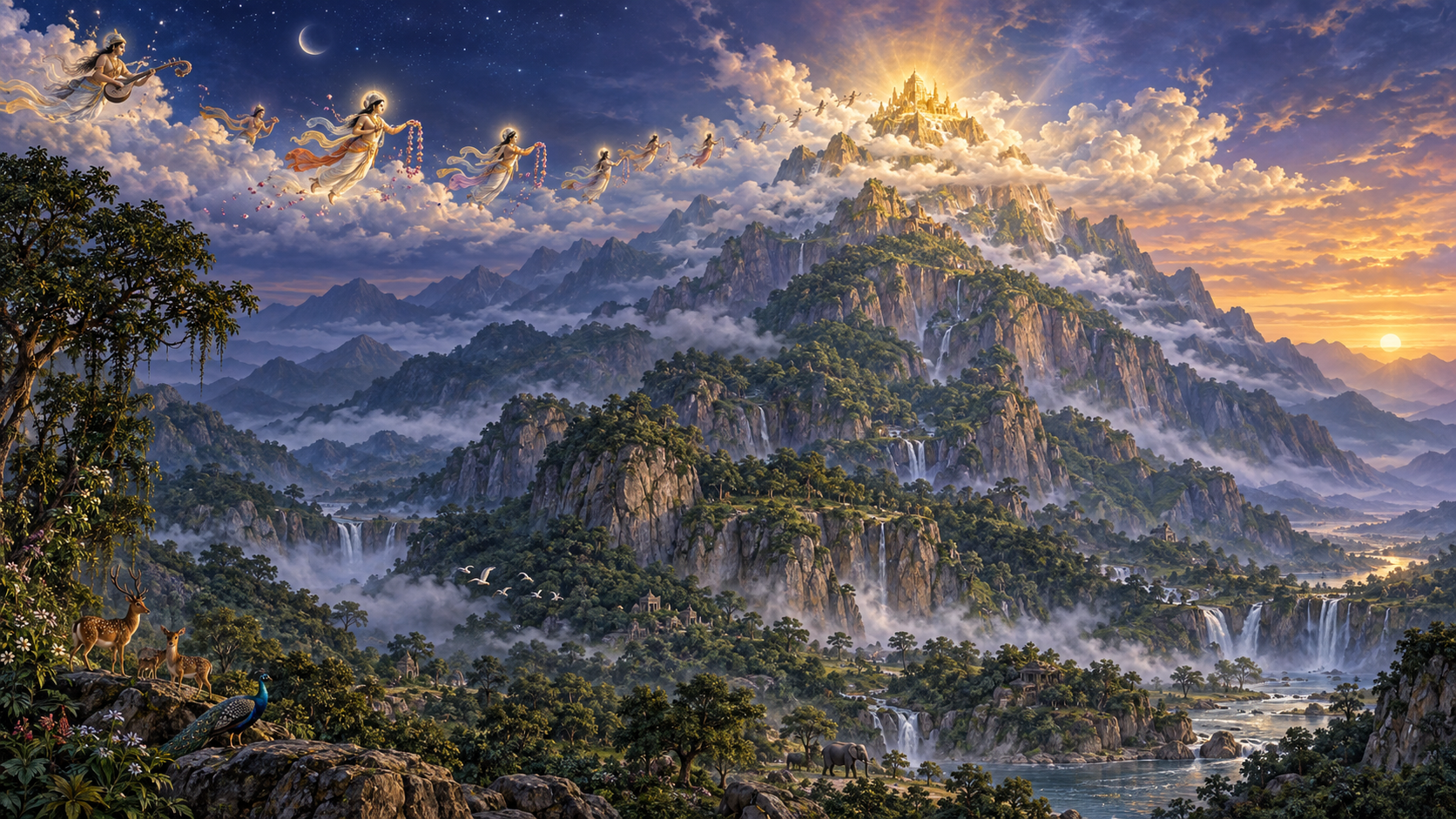 Small luminous celestial figures and musicians travel through clouds above the forested cliffs and waterfalls of Mount Mandara at twilight.